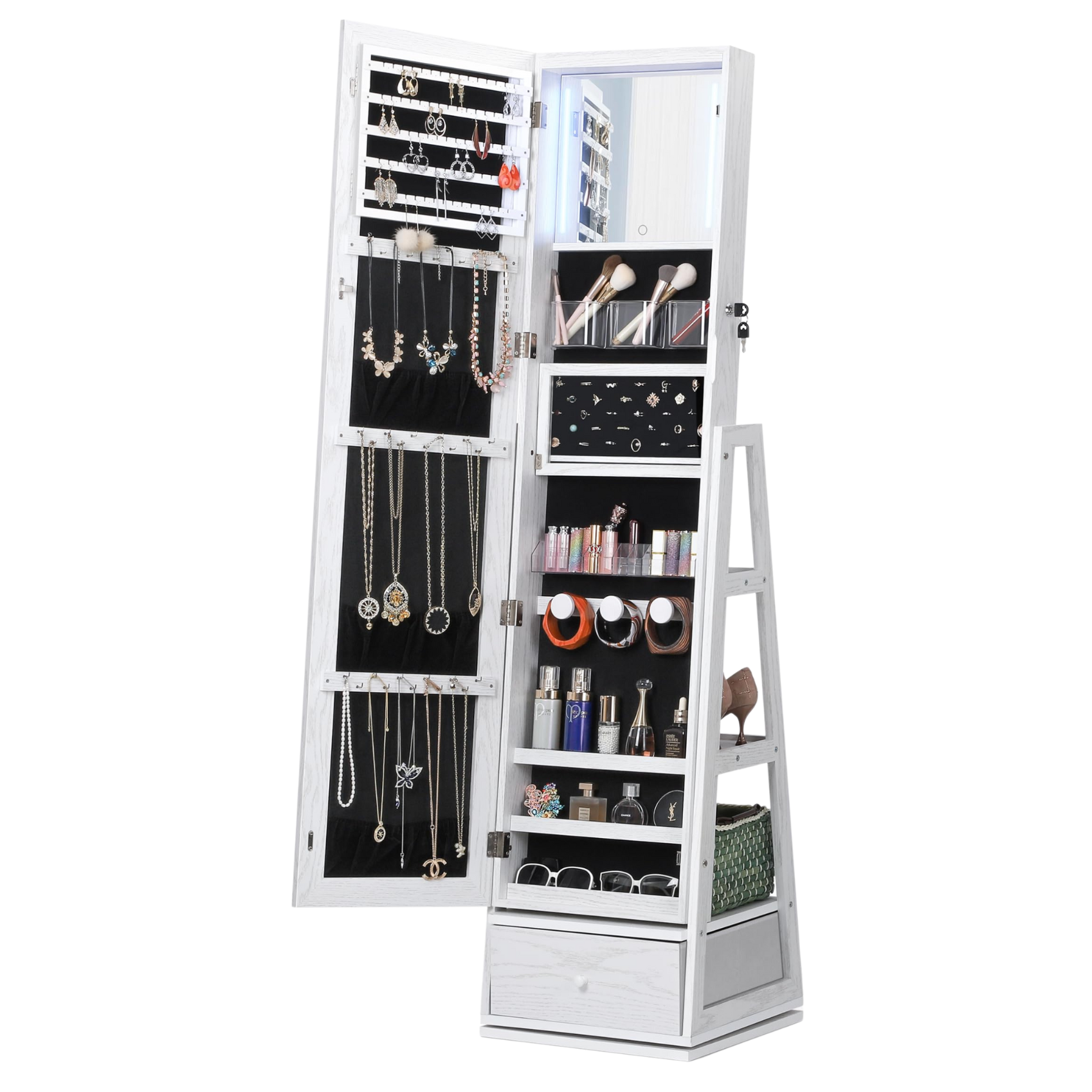 Swivel Mirror Jewelry Cabinet with LED and Storage