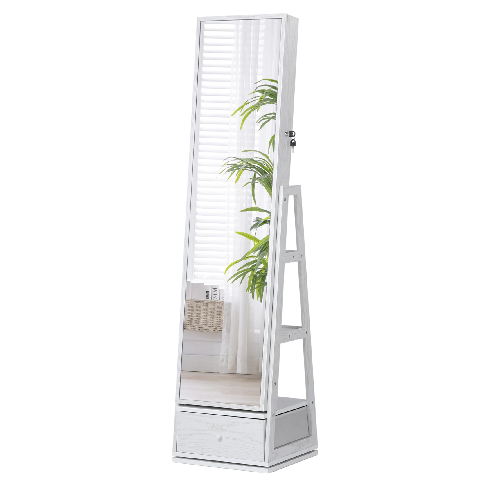 Swivel Mirror Jewelry Cabinet with LED and Storage