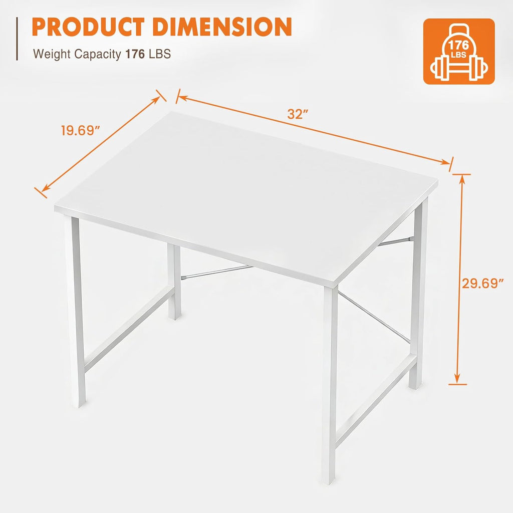 Sweetcrispy Computer Desk, Small Office 32 Inch Writing Work Study Student Teacher Home Bedroom Table with Metal Frame Wood Tabletop - White