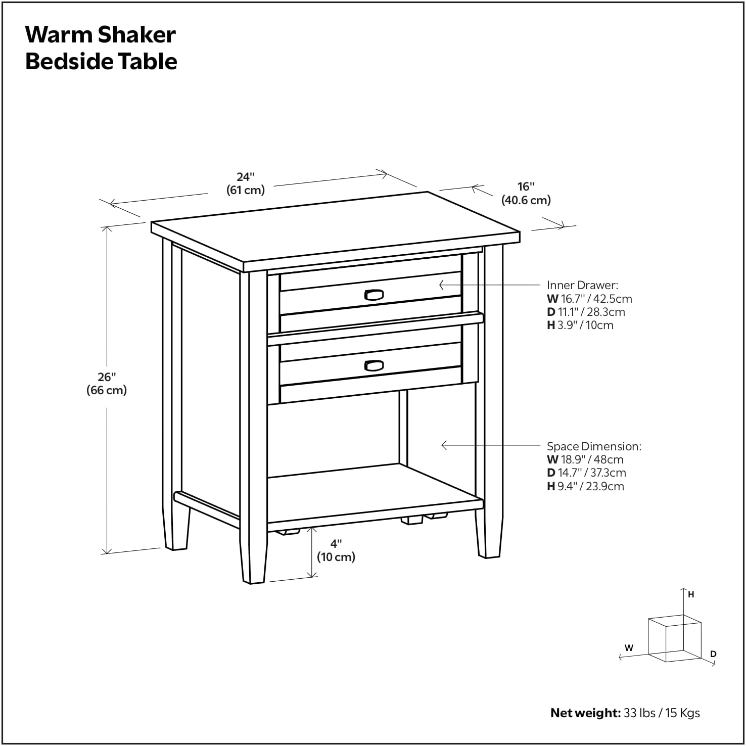 Solid Wood Nightstand 24" Wide