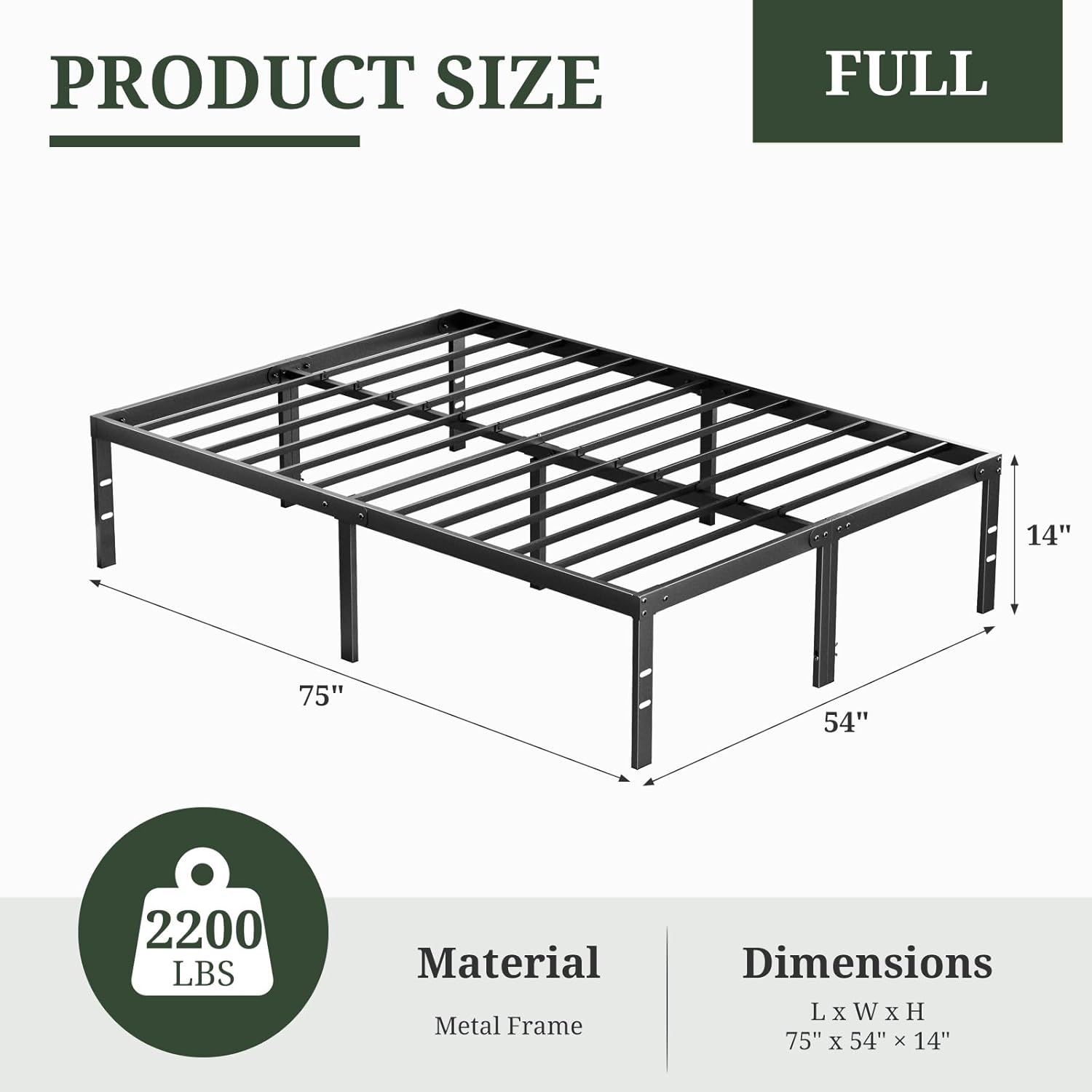 Full Size Metal Bed Frame 14" Platform