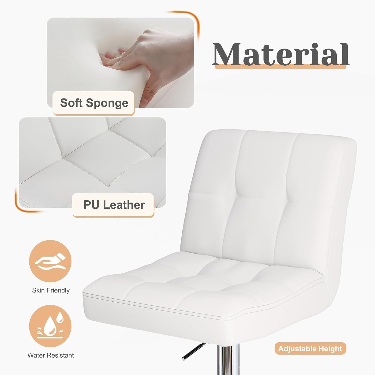 Set of 2 White Adjustable Swivel Bar Stools