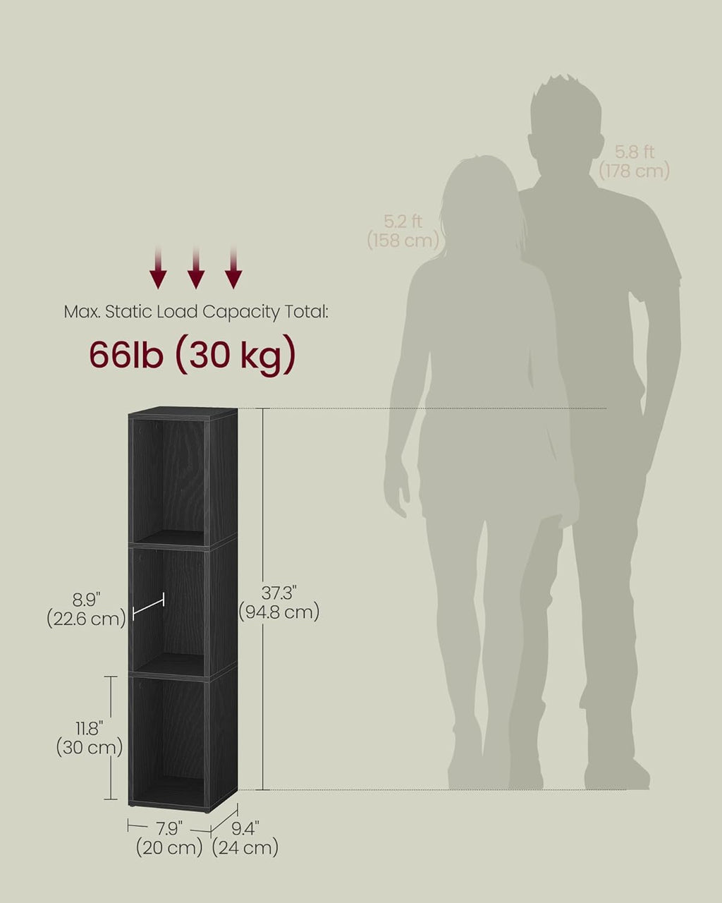 3-Tier Bookshelf 9.4 x 7.9 x 37.3 Inches