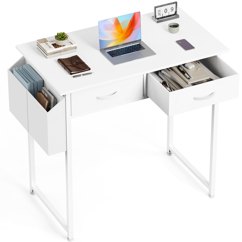 Small White Desk with Drawers and Storage