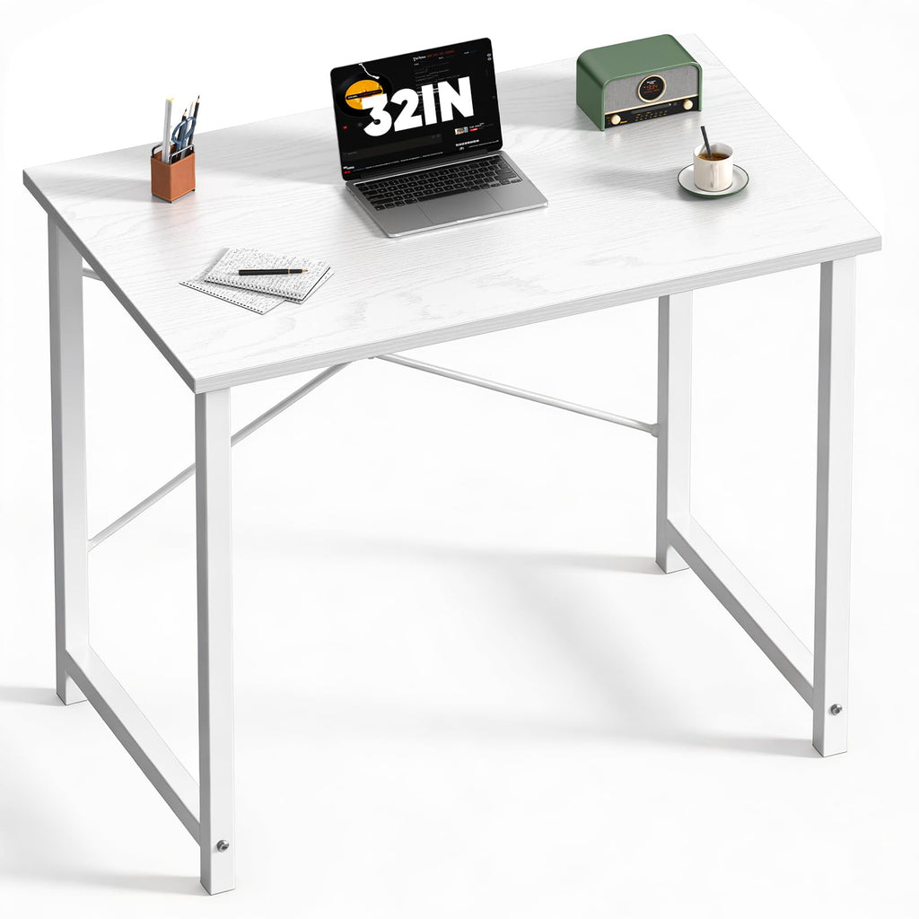 Sweetcrispy Computer Desk, Small Office 32 Inch Writing Work Study Student Teacher Home Bedroom Table with Metal Frame Wood Tabletop - White