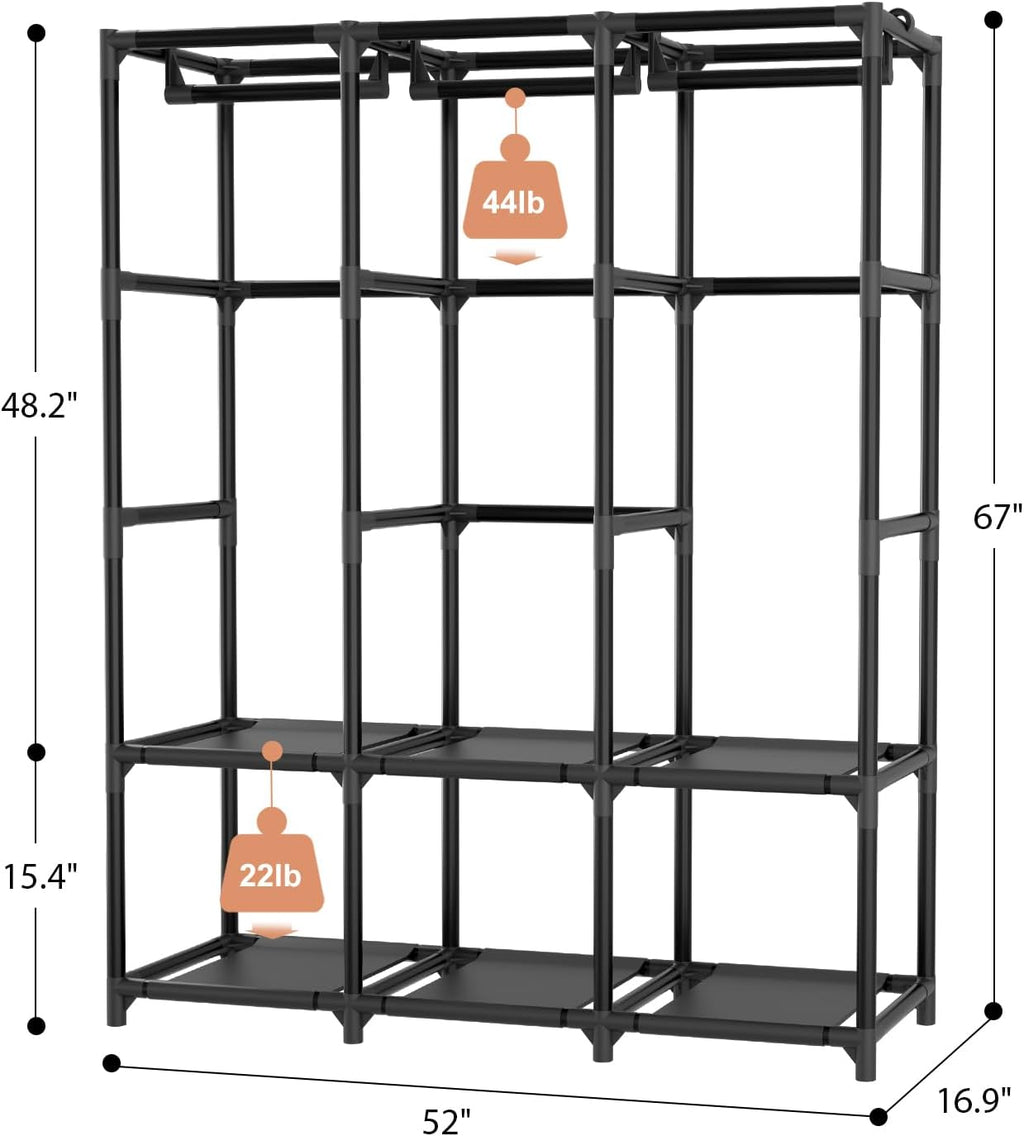 Portable Wardrobe Closet with 3 Rods and 6 Shelves