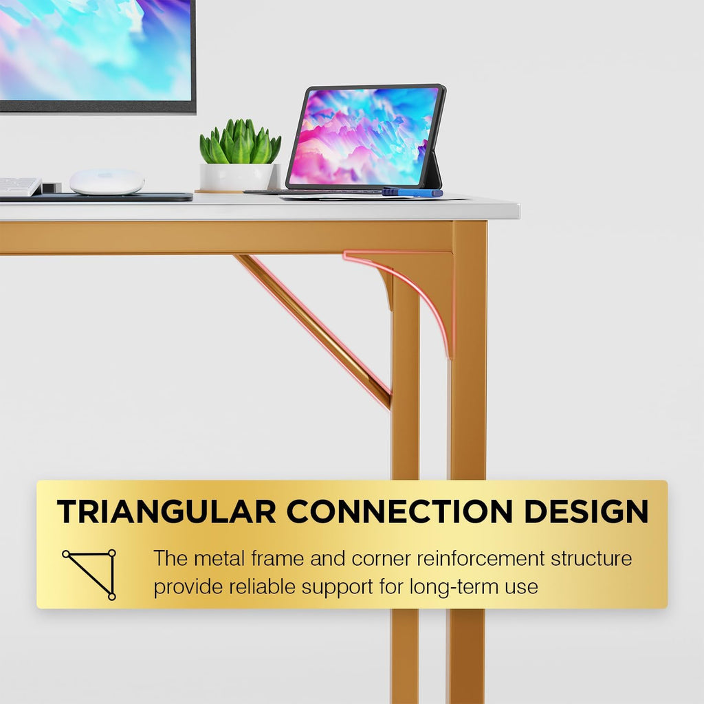 39" White Gold Computer Desk with Metal Frame