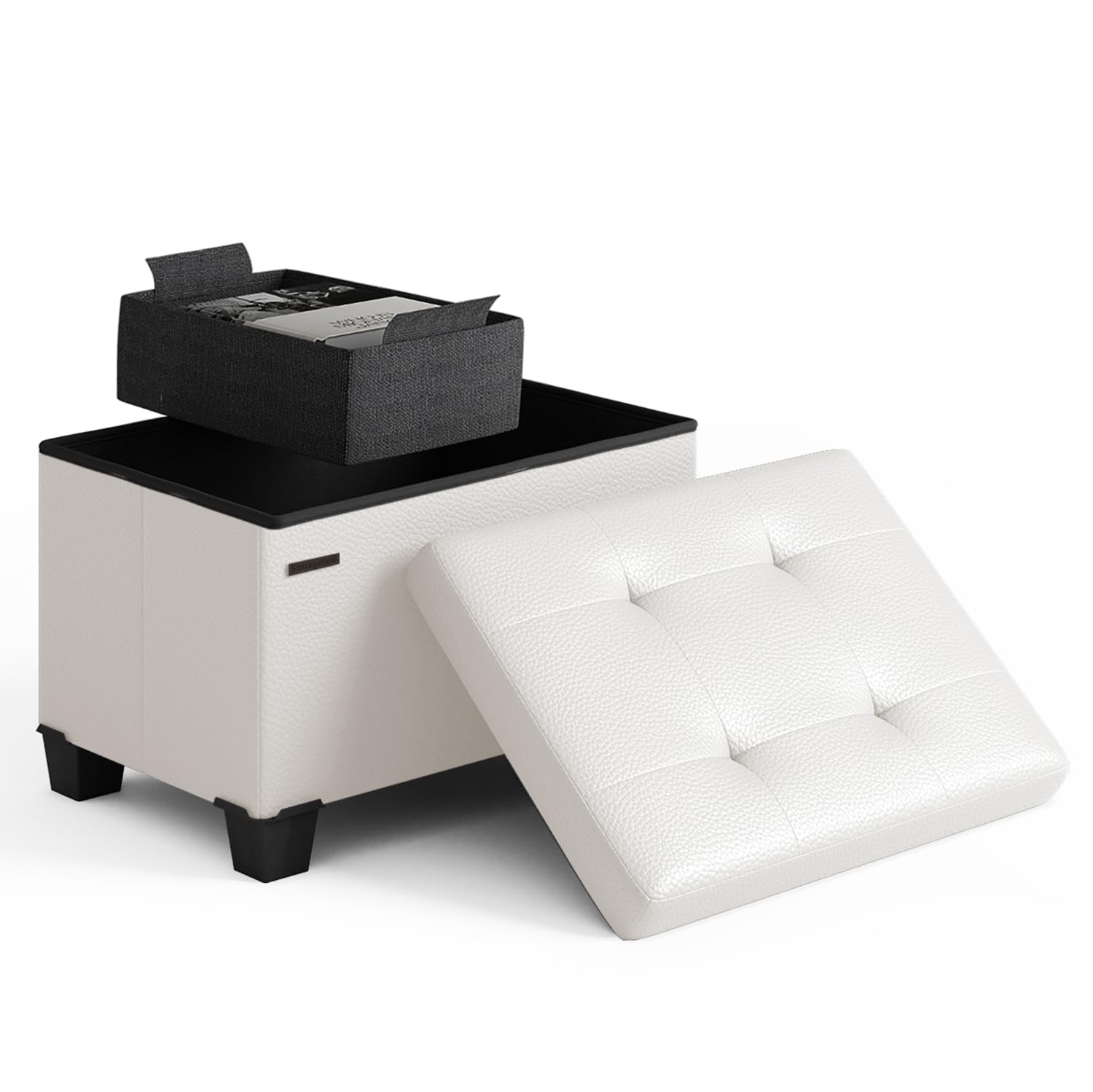 Storage Ottoman Cube with Small Bin, 16-in Square Ottoman with Storage for Living Room and Bedroom, Small Ottomans Foot Rest, Faux Leather Foot Stools Ottomans Max 330lbs, Cream 09 - Cream Leather 11.5"D x 16"W x 10.5"H