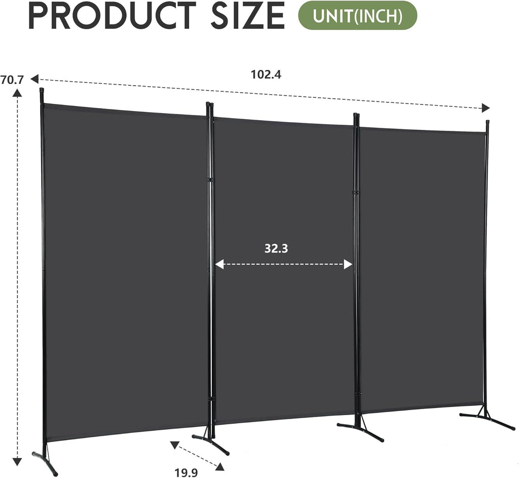 Grey 3-Panel Room Divider 102" x 70"