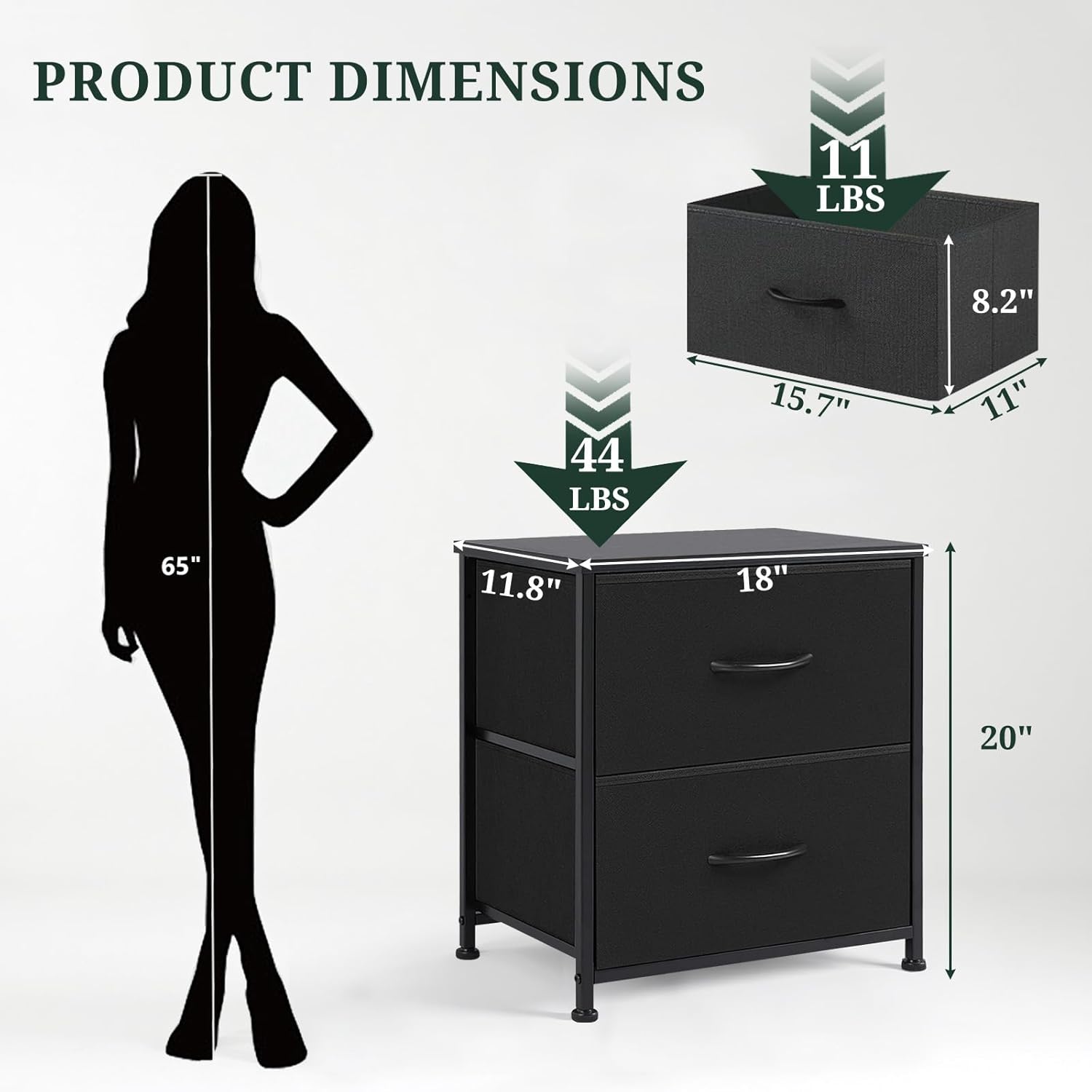 Small Nightstand with 2 Fabric Drawers 11.8"D x 18"W x 20"