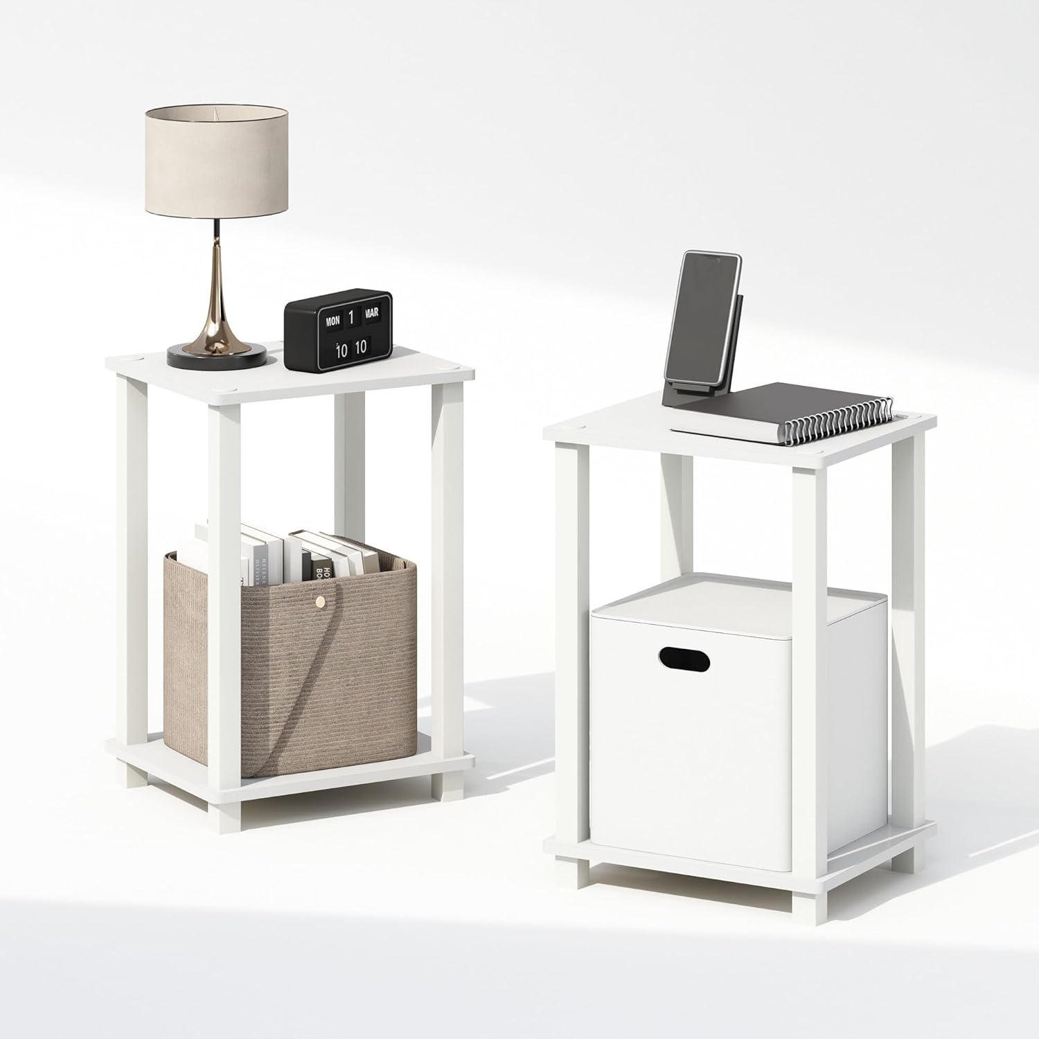 Set of 2 Small 2-Tier Nightstands with Open Shelf