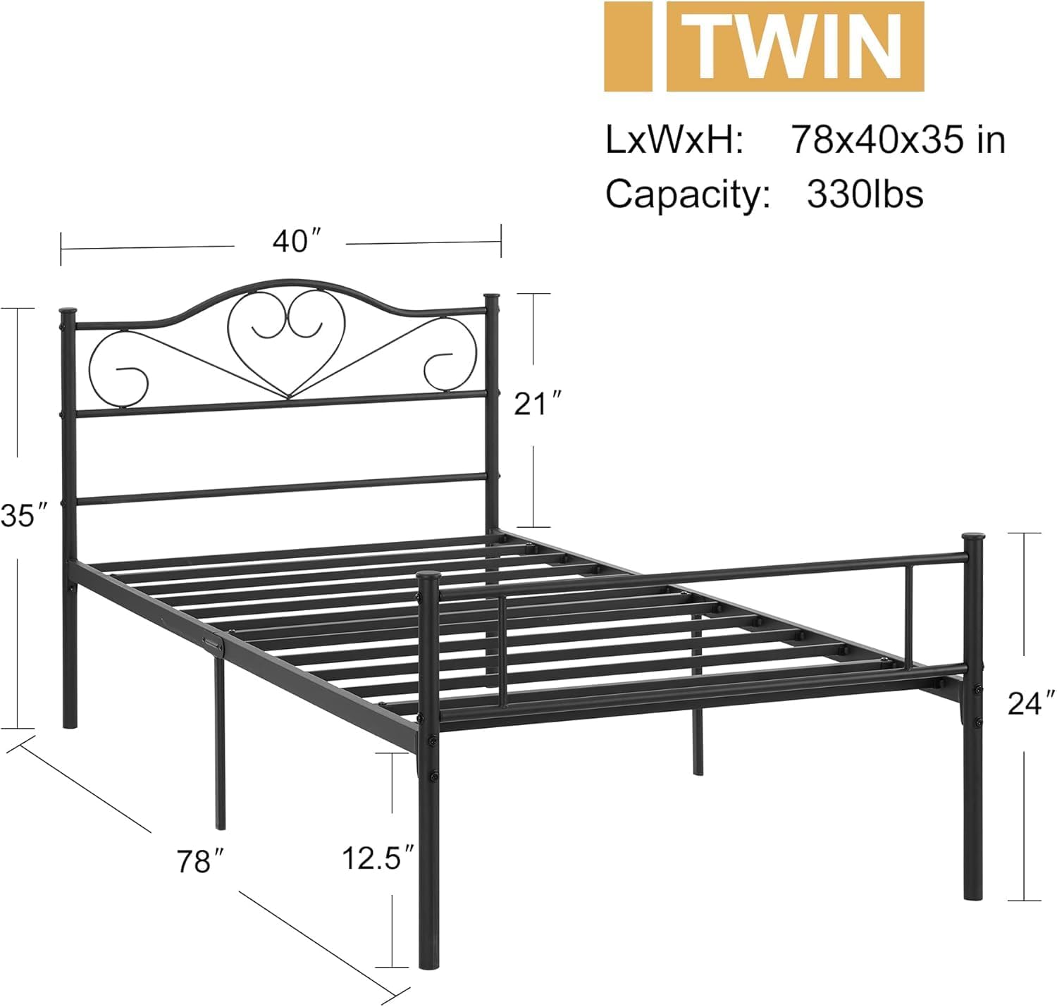 VECELO Twin Size Bed Frames with Headboard and Footboard, Iron Mattress Foundation No Box Spring Needed, Heavy Duty/Easy Set Up, 2 PCS, Pure Black