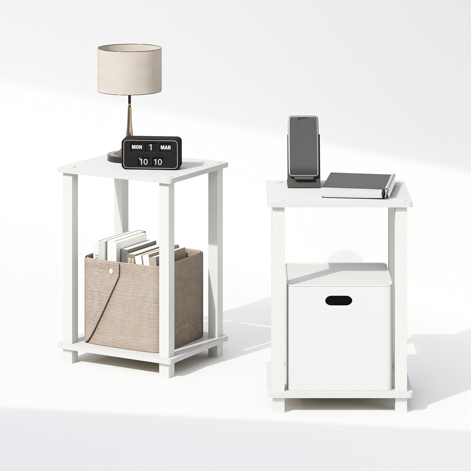 Set of 2 Small 2-Tier Nightstands with Open Shelf