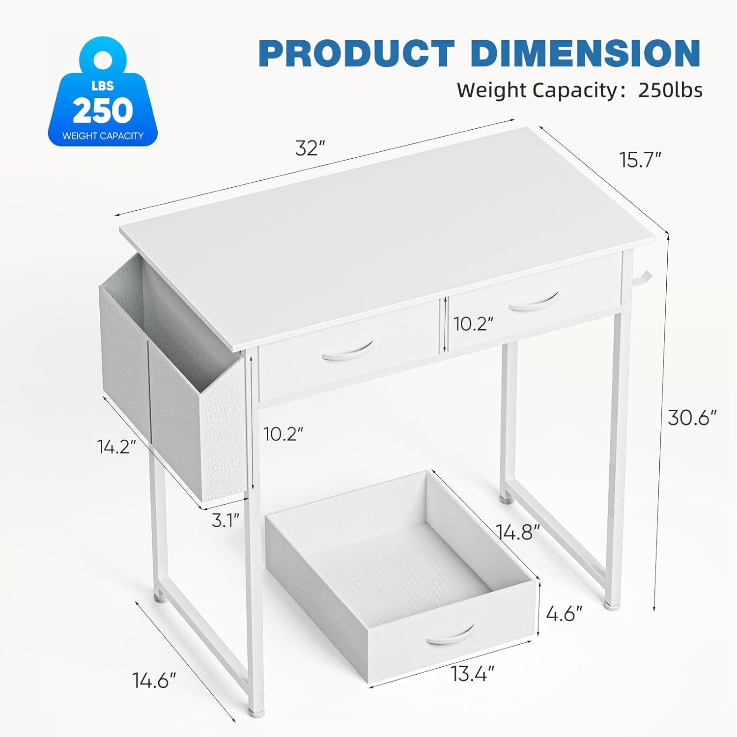 Small White Desk with Drawers and Storage