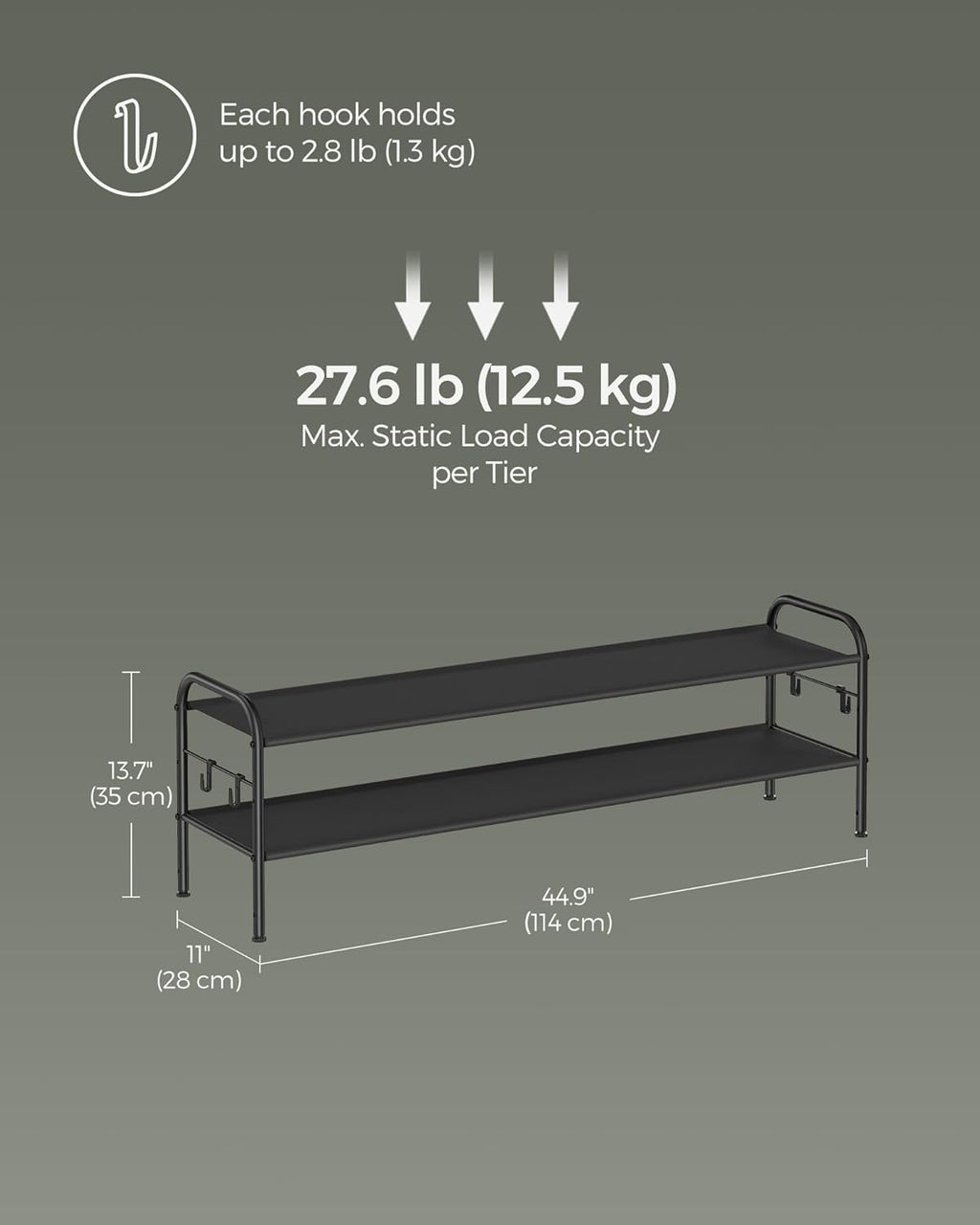 2-Tier Shoe Rack Organizer with Hooks