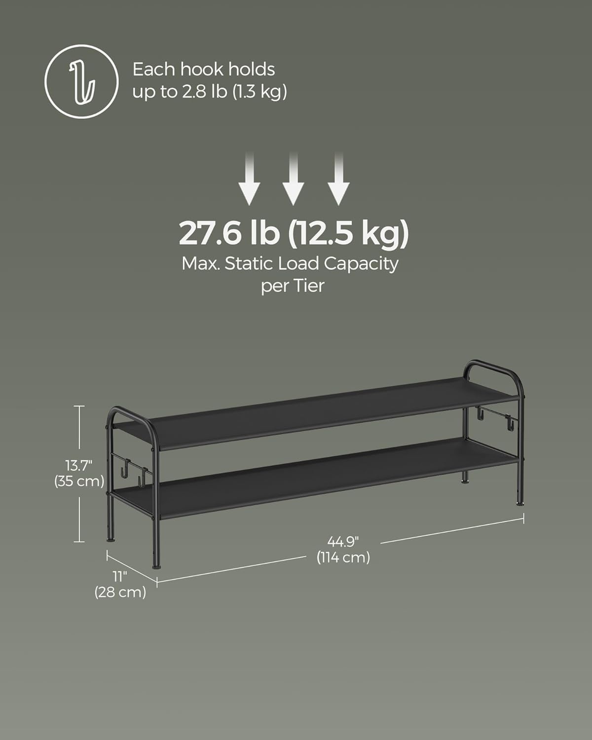 2-Tier Shoe Rack Organizer with Hooks