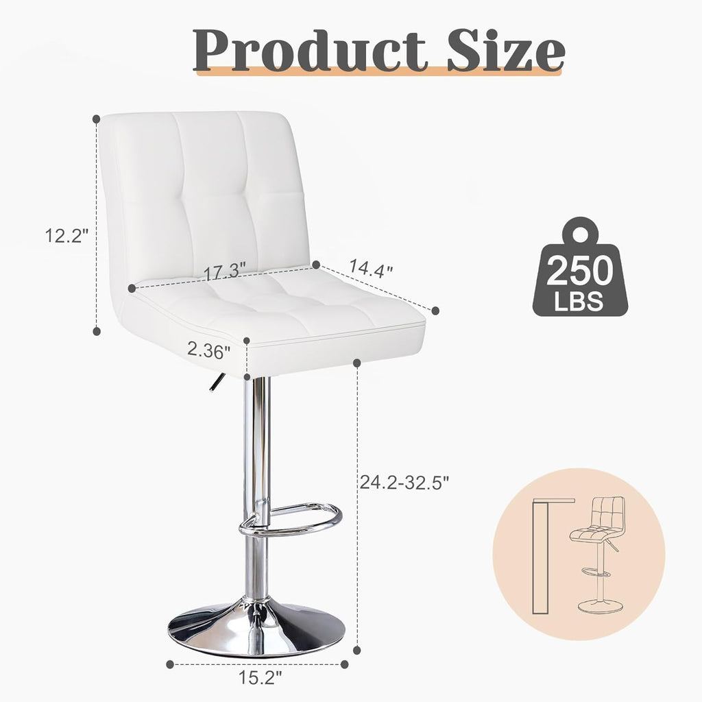 Set of 2 White Adjustable Swivel Bar Stools