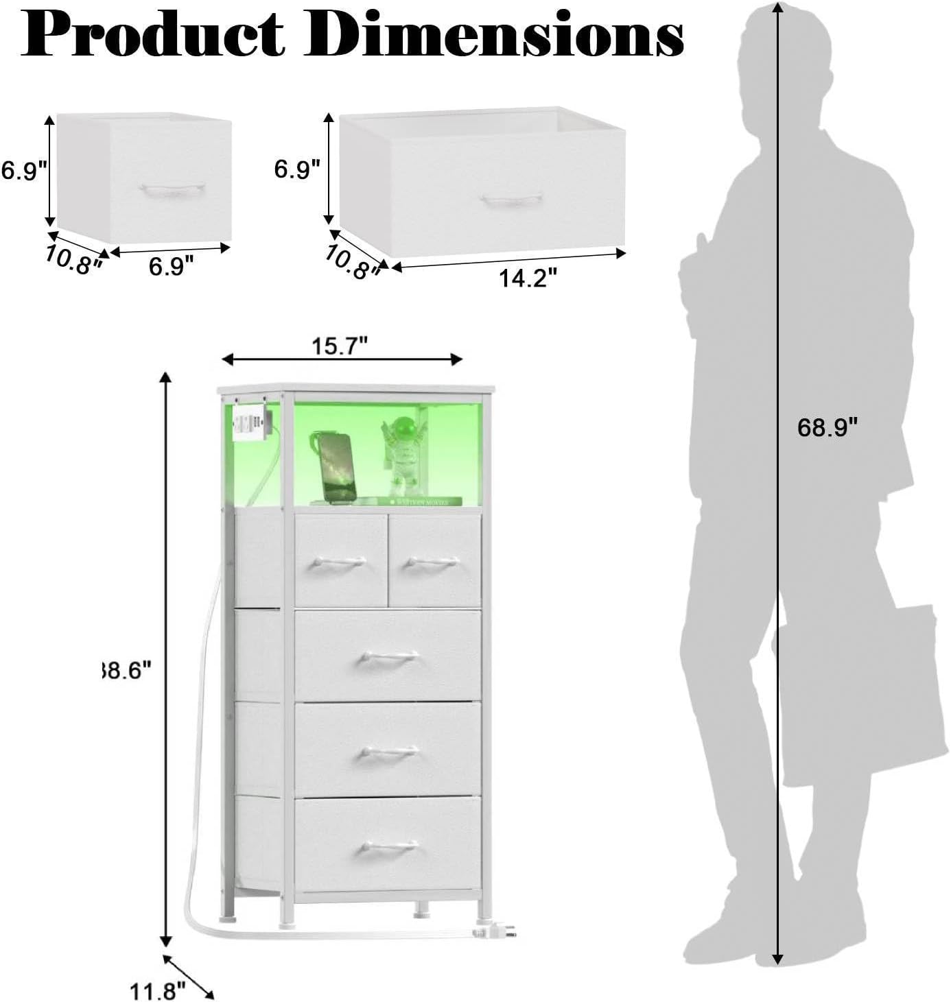 White 5-Drawer Dresser with Charging Station and LED Lights