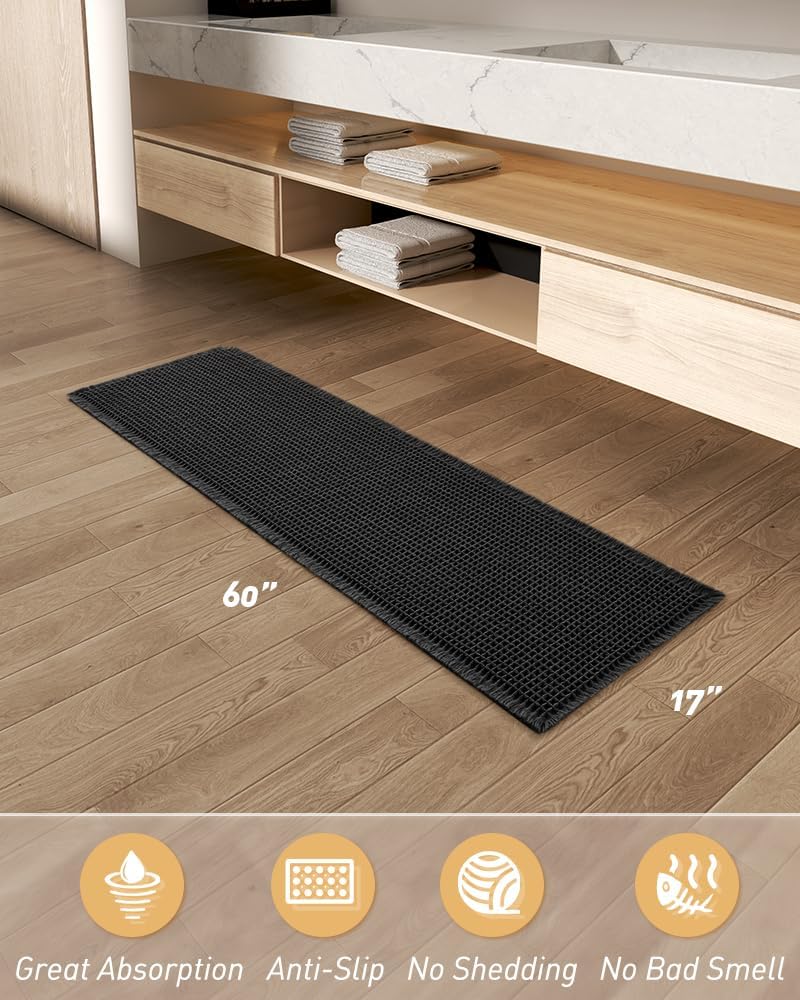 Black Waffle Runner Rug 17" x 60"