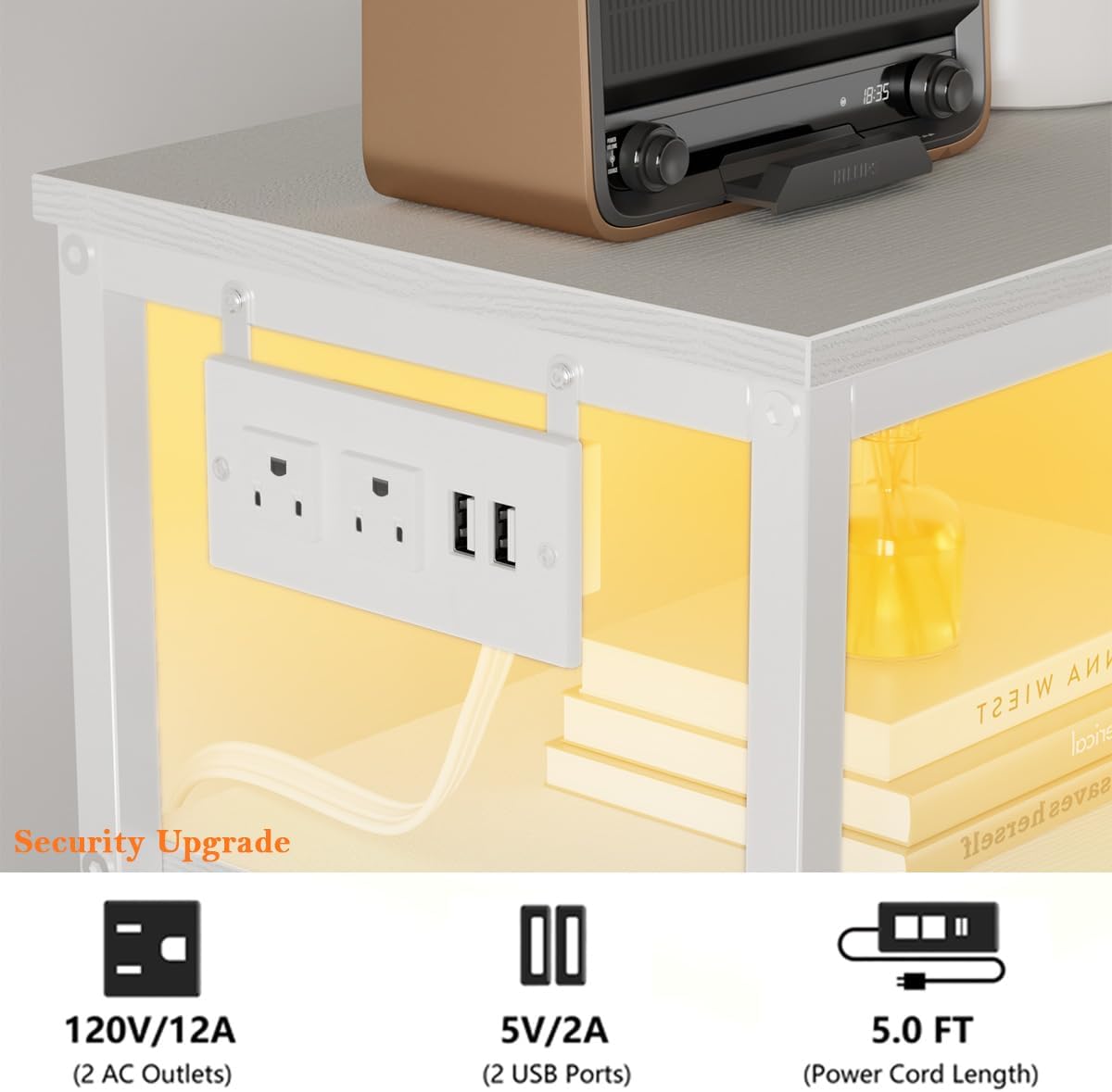 White 5-Drawer Dresser with Charging Station and LED Lights