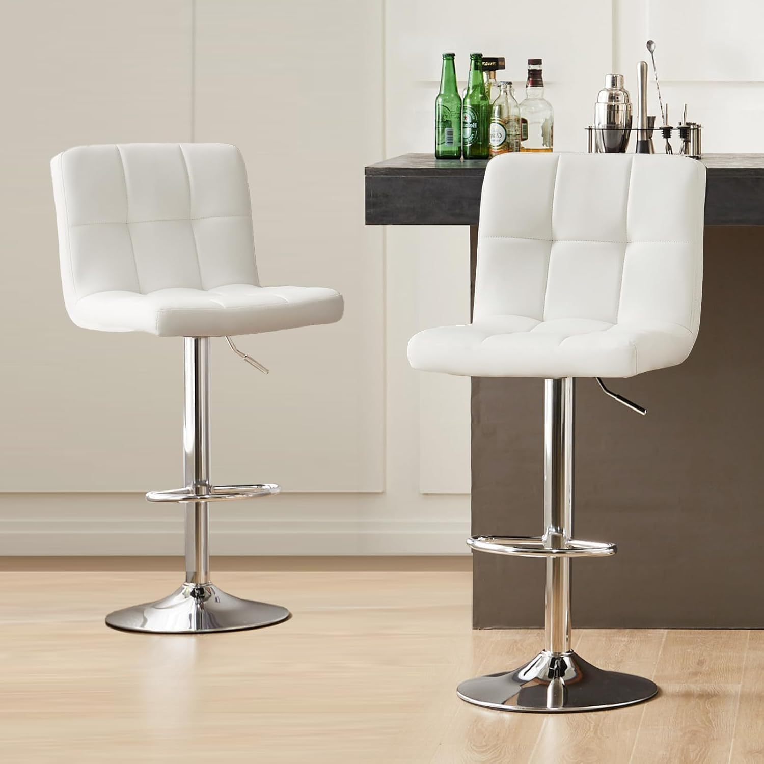 Set of 2 White Adjustable Swivel Bar Stools