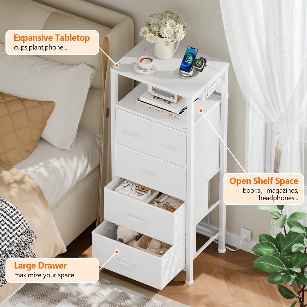 White 5-Drawer Dresser with Charging Station and LED Lights