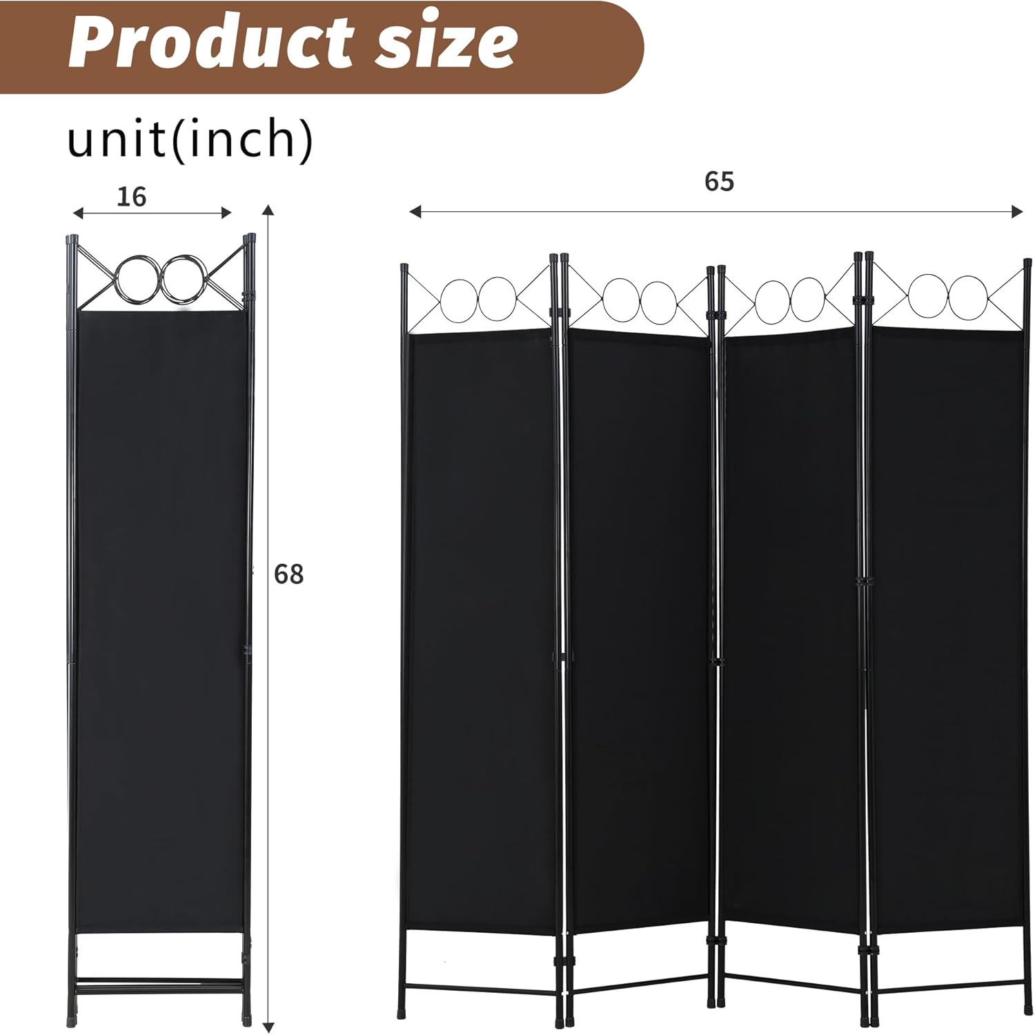 4 Panel Room Divider 6FT - Coal Black