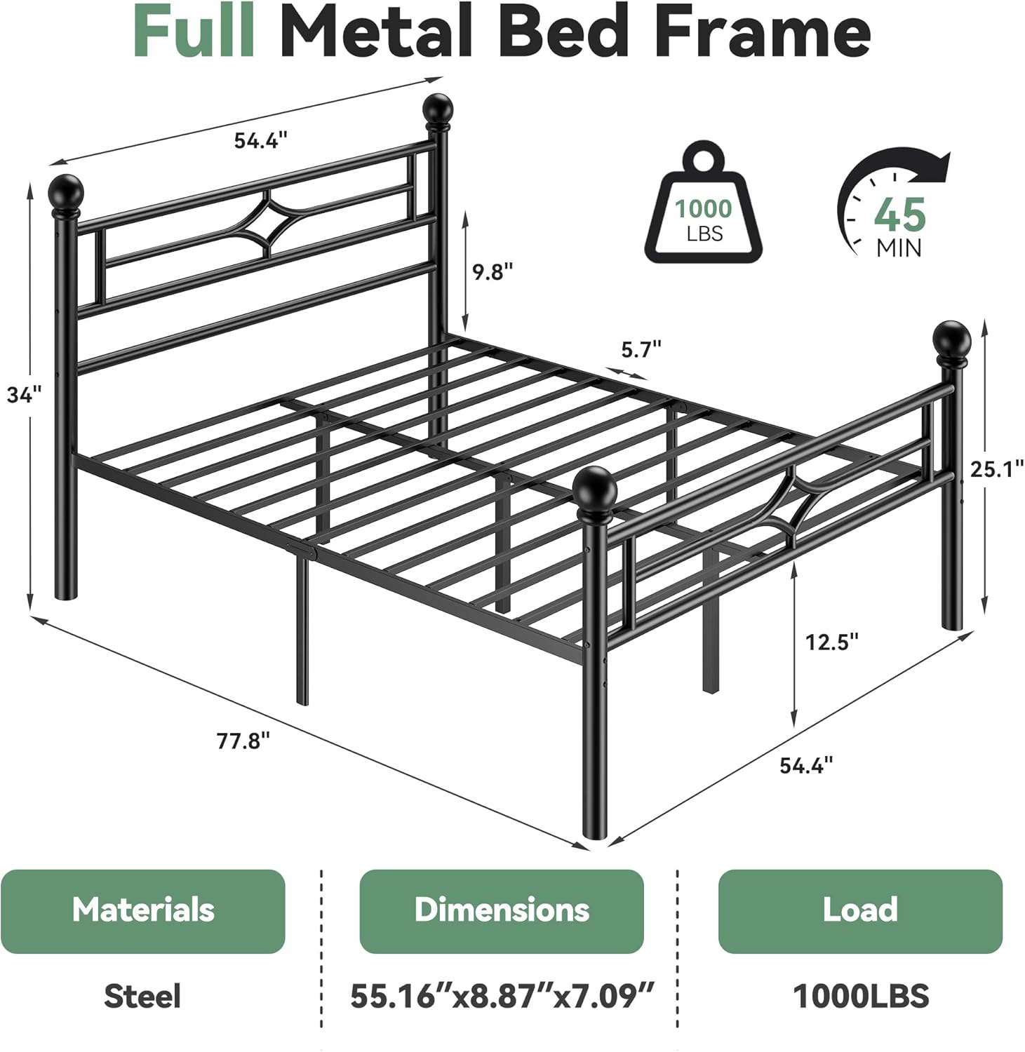 Full Size Metal Bed Frame with Headboard and Footboard