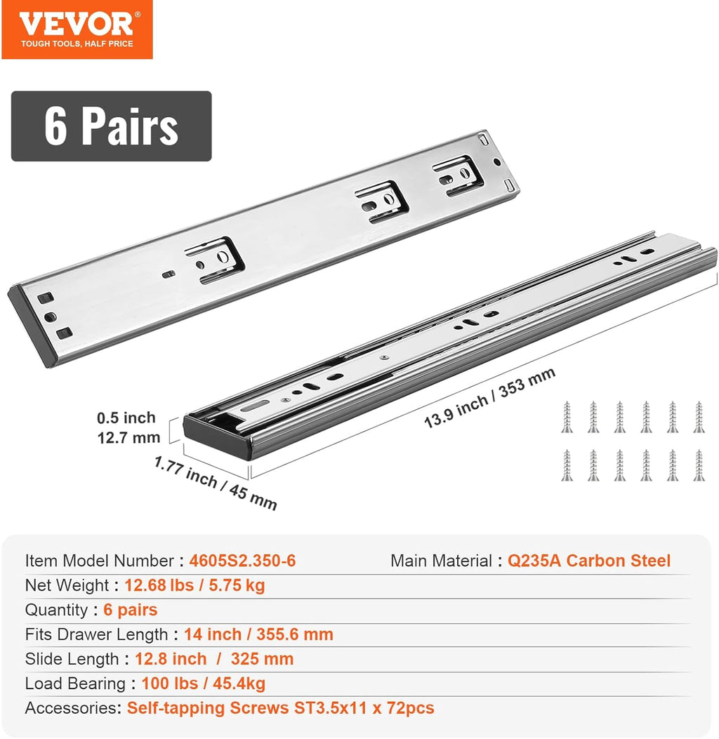 Full Size Set of 6 Soft Close Drawer Slides