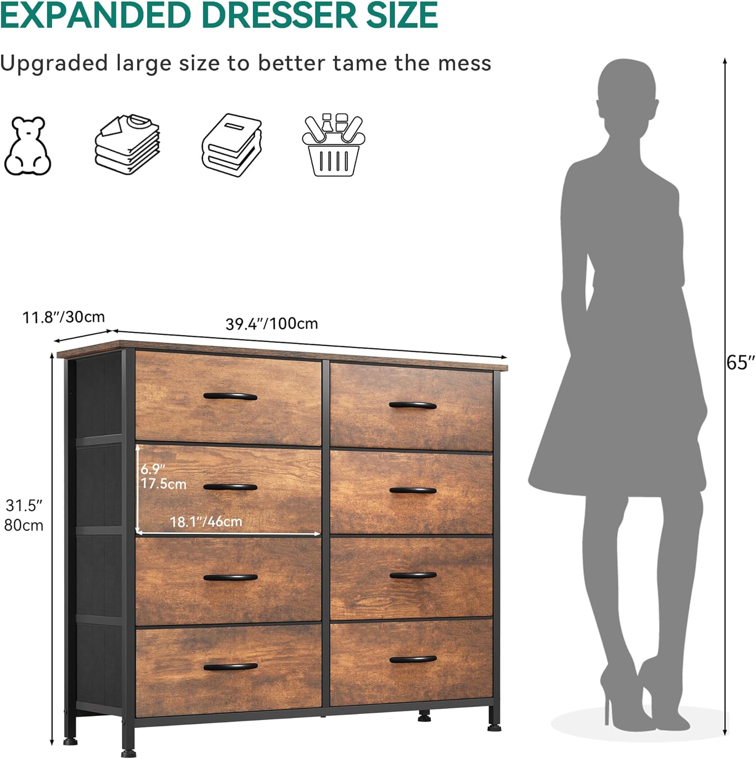 8-Drawer Fabric Dresser with Wooden Top