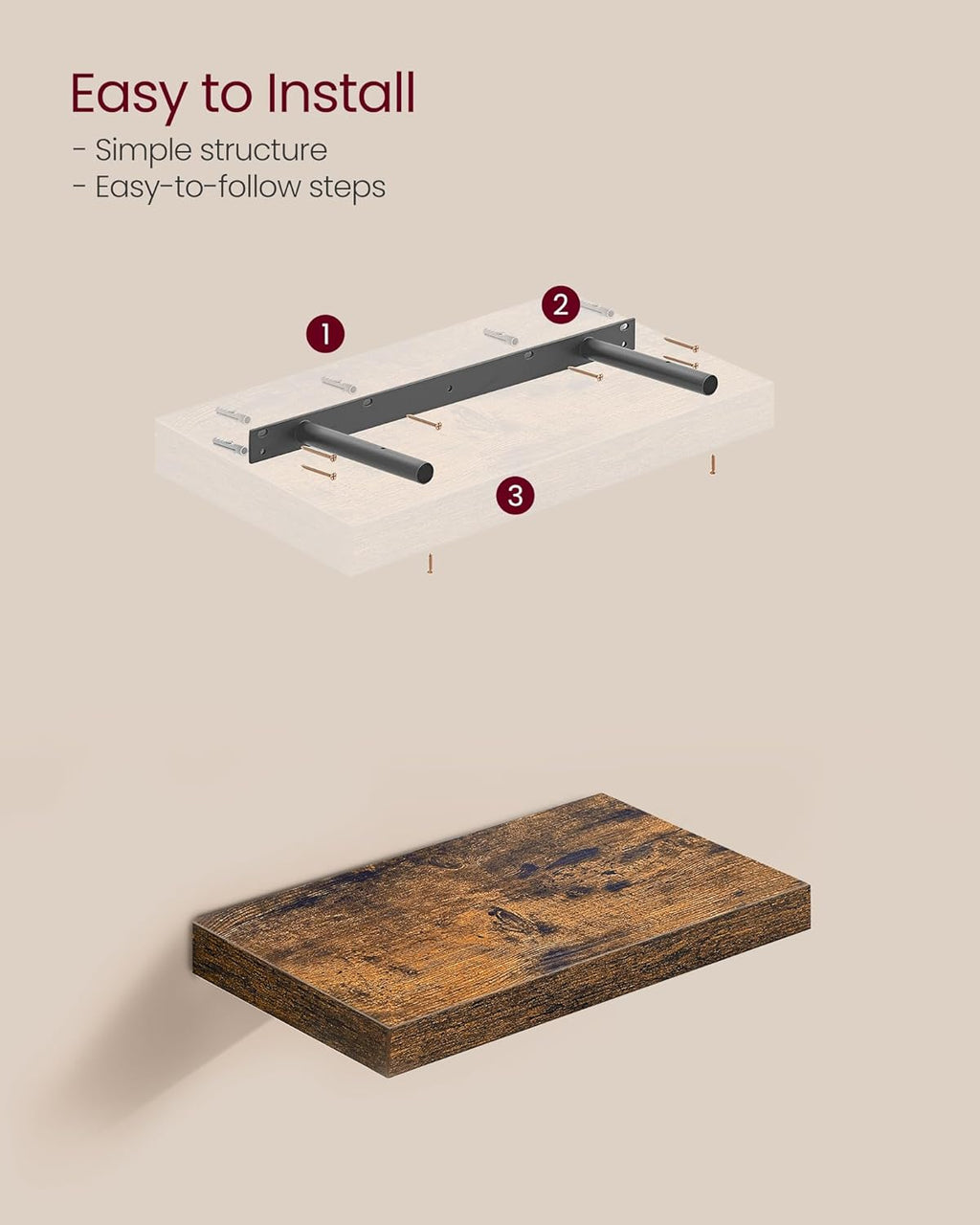 Set of 2 Rustic Brown Floating Wall Shelves 8"x15.7"
