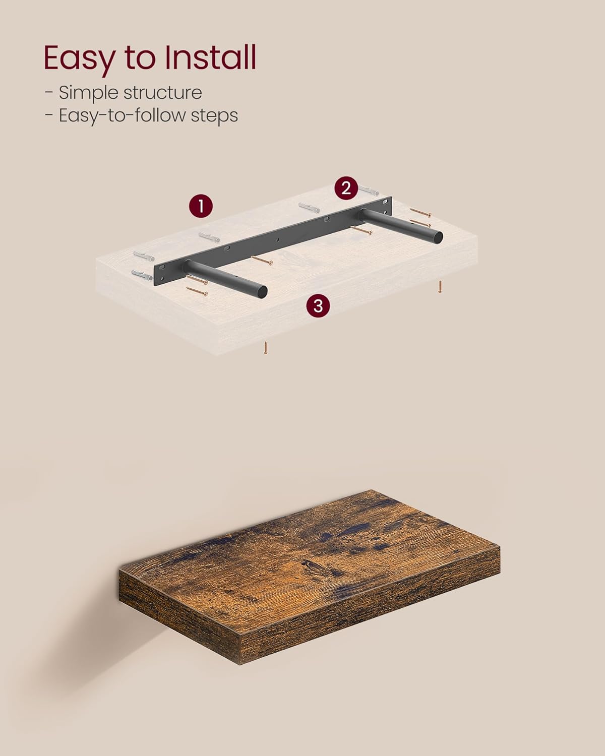 Set of 2 Rustic Brown Floating Wall Shelves 8"x15.7"