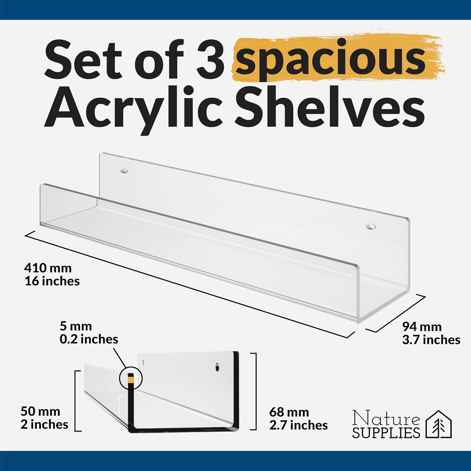 Set of 3 Acrylic Floating Shelves 16"
