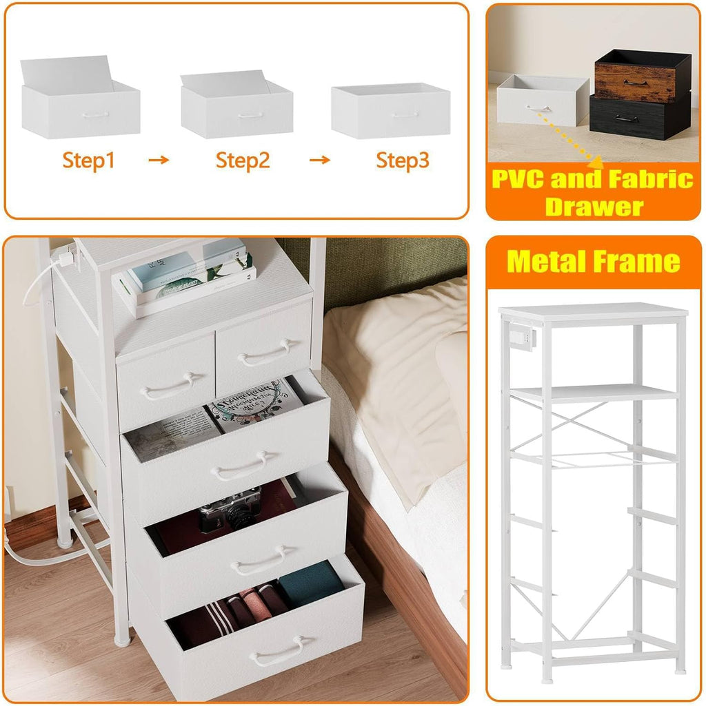 White 5-Drawer Dresser with Charging Station and LED Lights