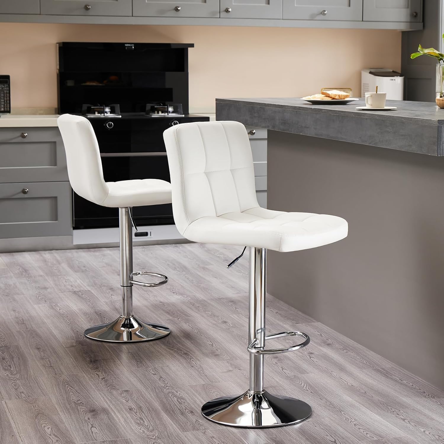 Set of 2 White Adjustable Swivel Bar Stools