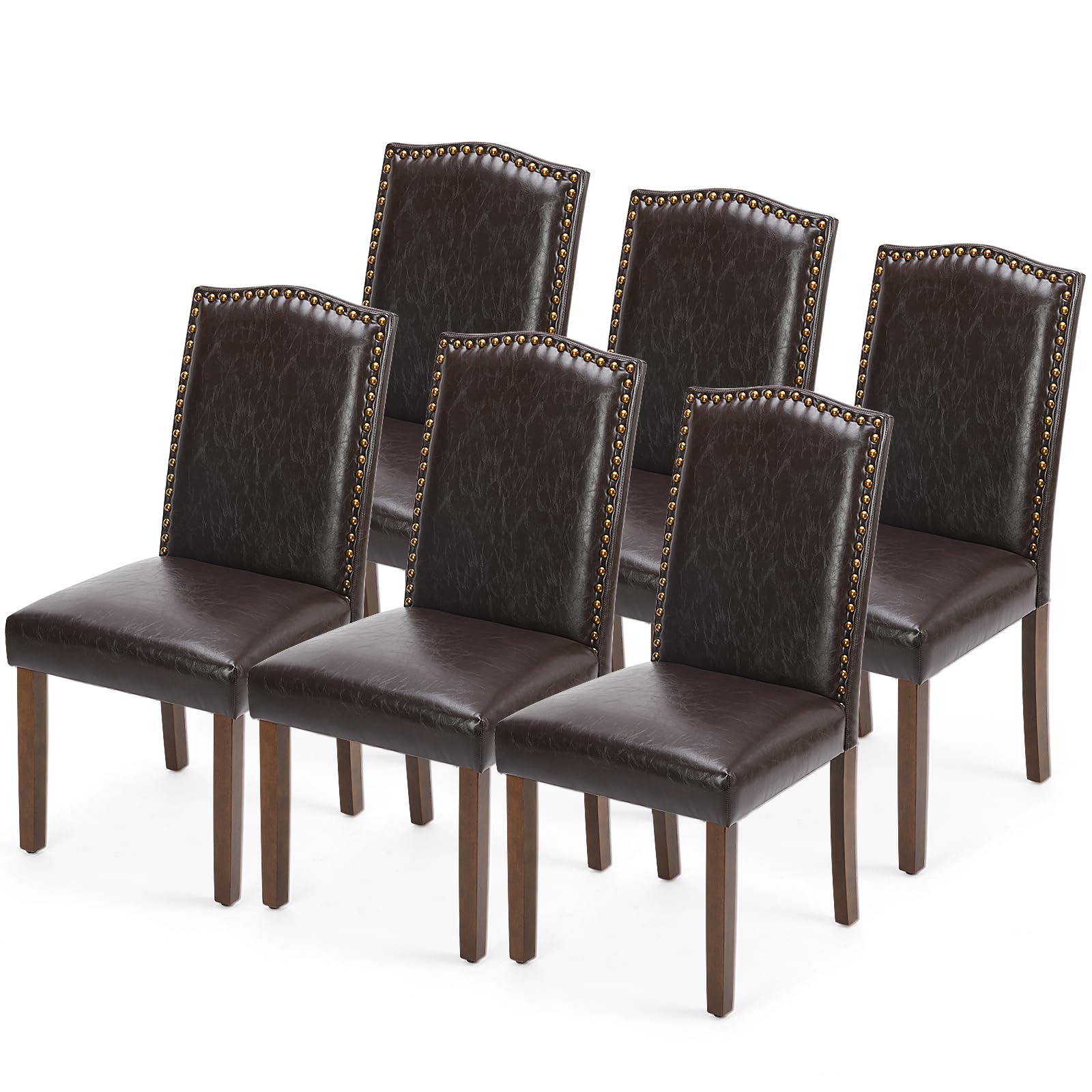 6 Brown PU Leather Dining Chairs with Wooden Legs
