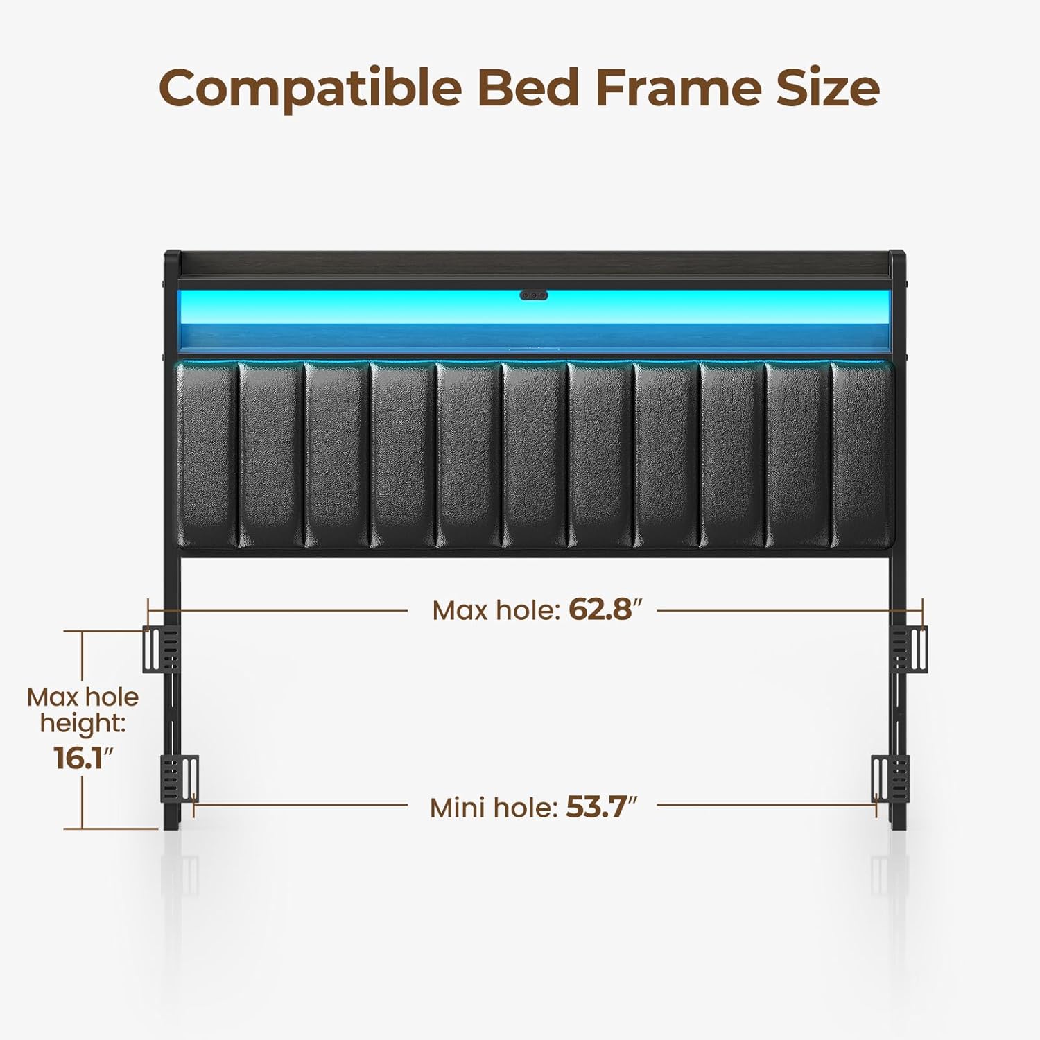 Queen Size Upholstered Headboard with Storage & LED Lights