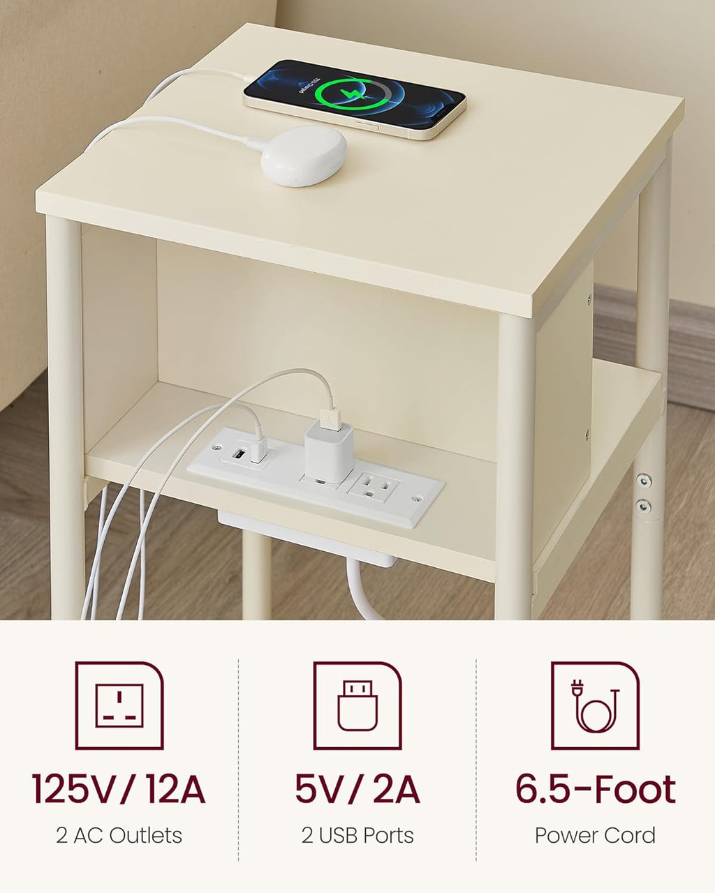 Side Table with Charging Station 11.8"x13.4"x22.8"