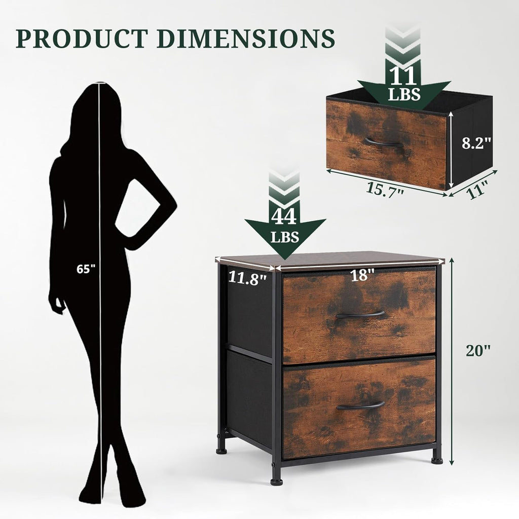 Small Nightstand with 2 Drawers 11.8"D x 18"W x 20"