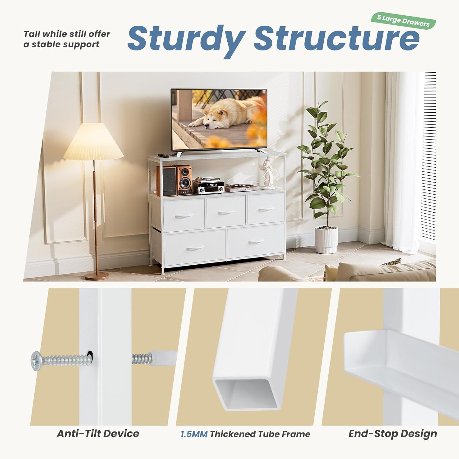 TV Stand with 5 Fabric Storage Drawers