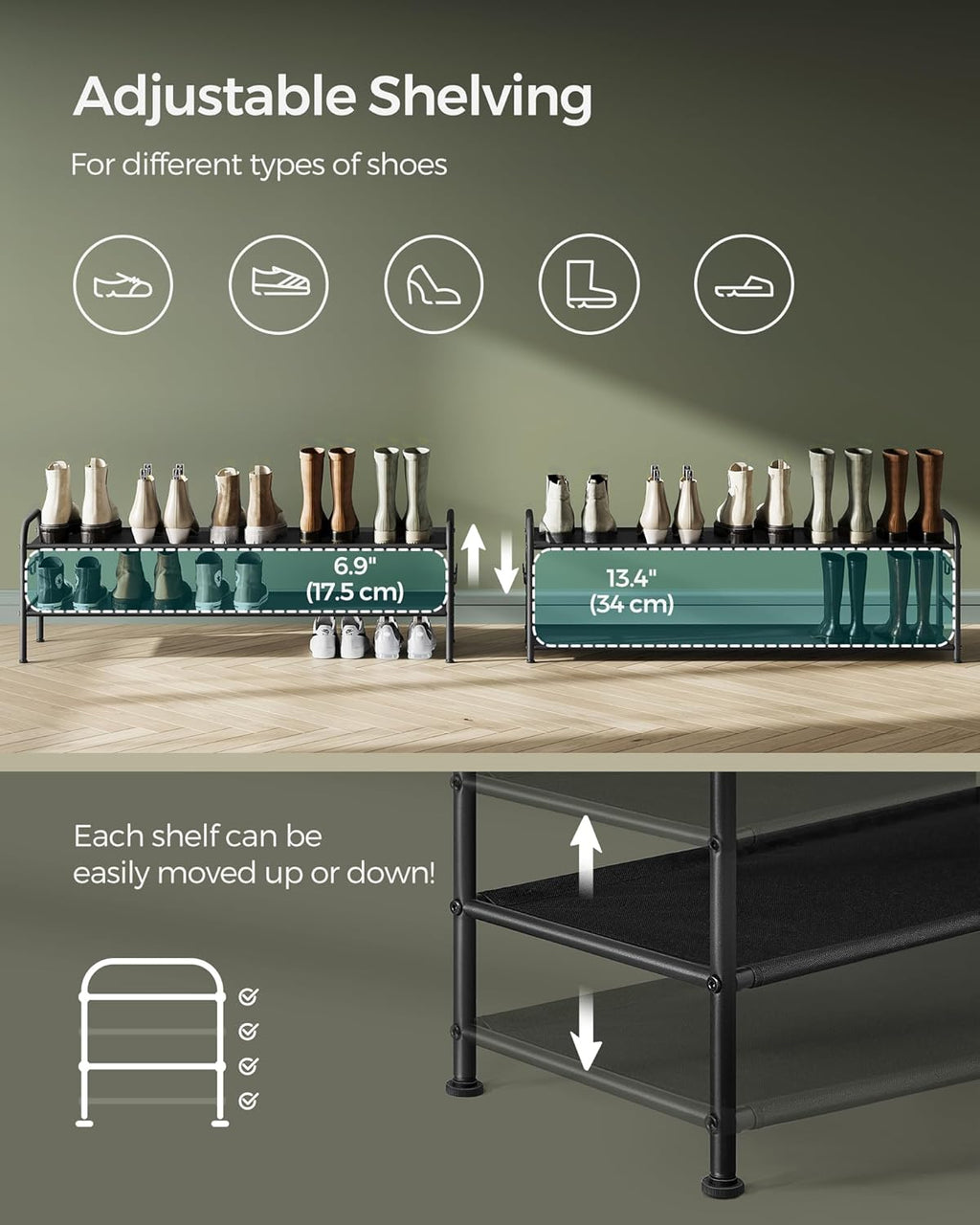 2-Tier Shoe Rack Organizer with Hooks