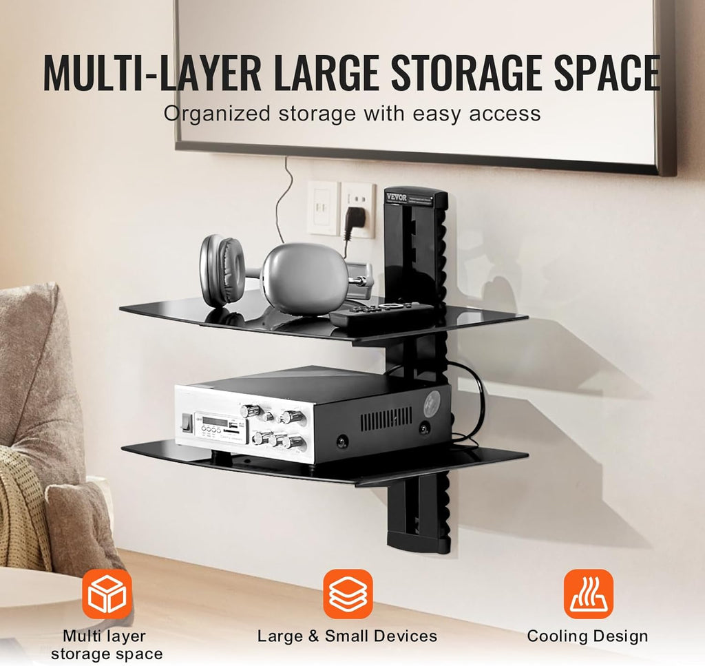 Glass Floating Shelves with TV Wall Mount - 3 Tiers