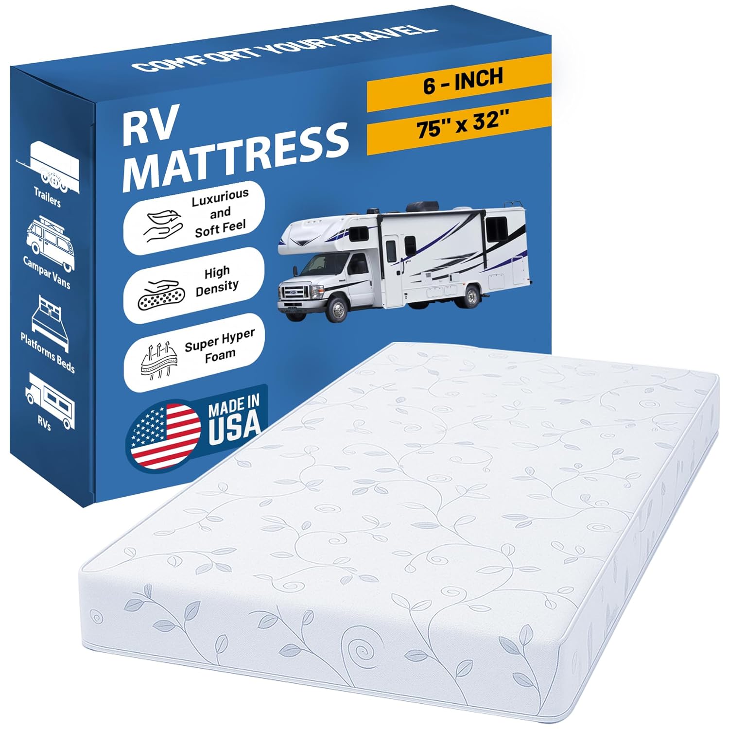 High-Density Foam RV Mattress 75"x32"