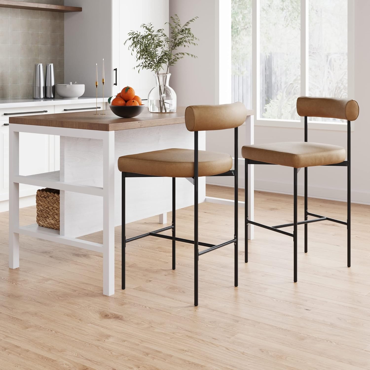 Set of 2 Brown Counter Height Barstools with Metal Legs