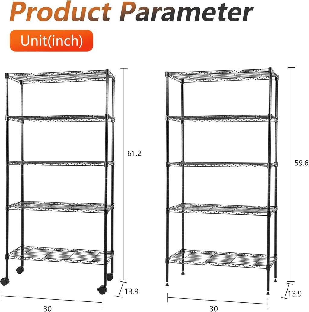 Small Adjustable 5-Tier Metal Shelf with Wheels