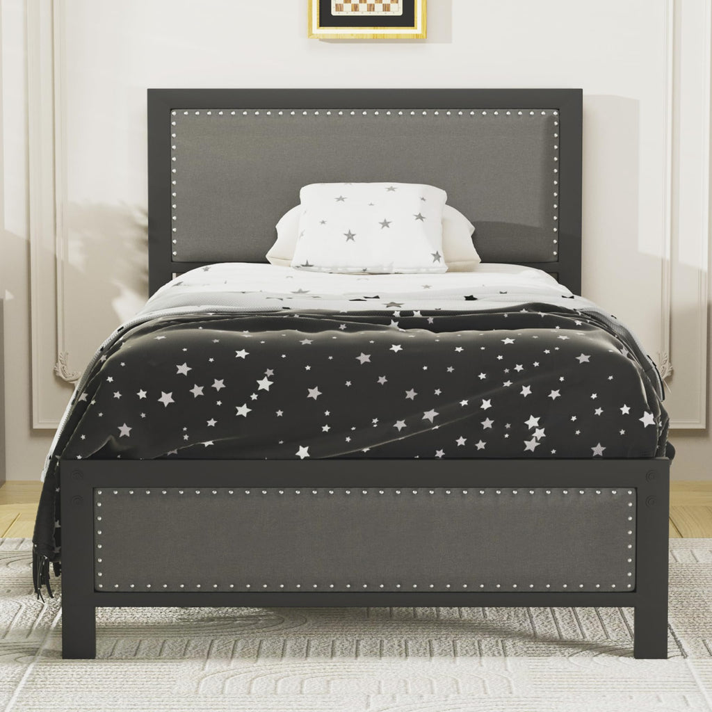 Twin Bed Frame with Upholstered Headboard