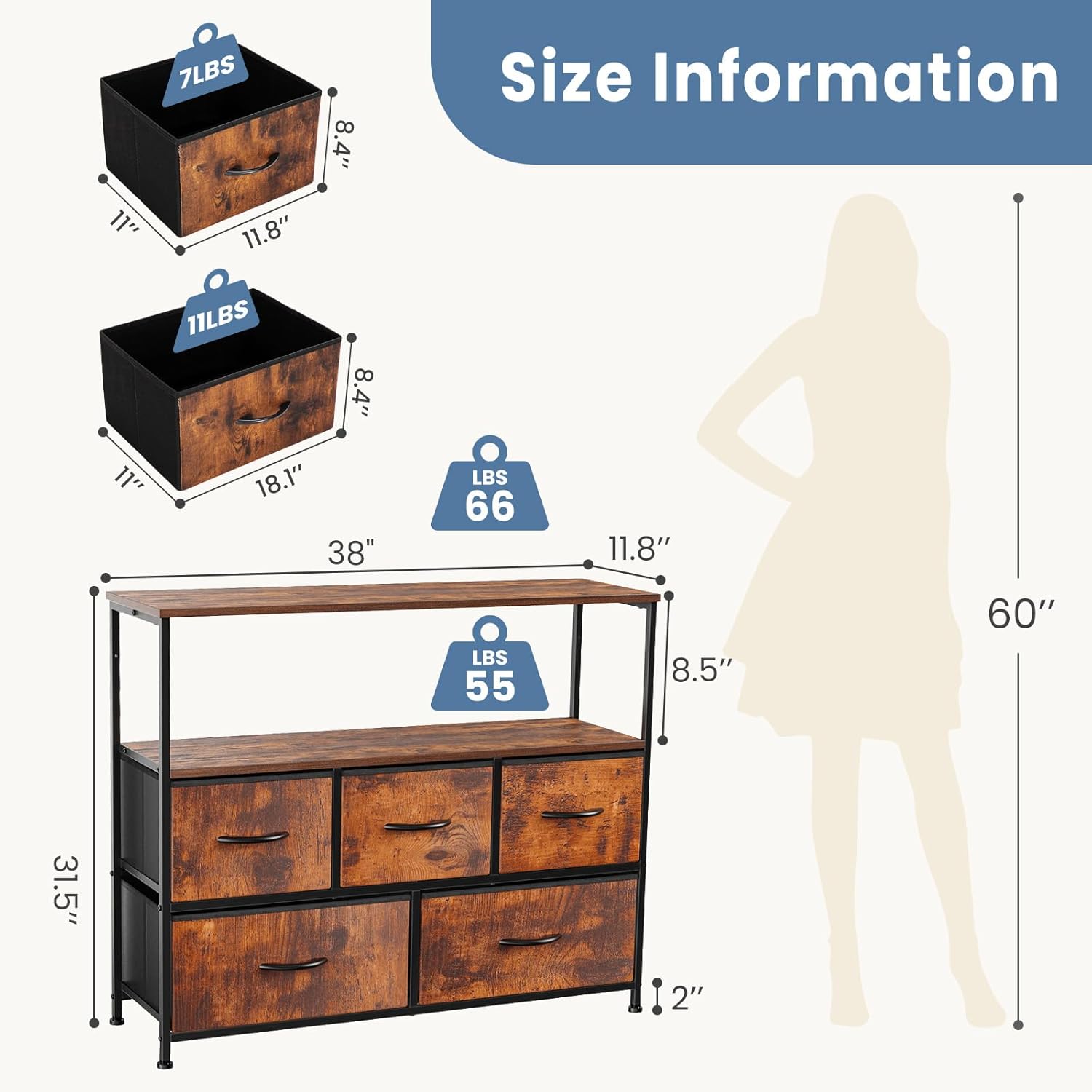 TV Stand with 5 Fabric Drawers for 45" TV