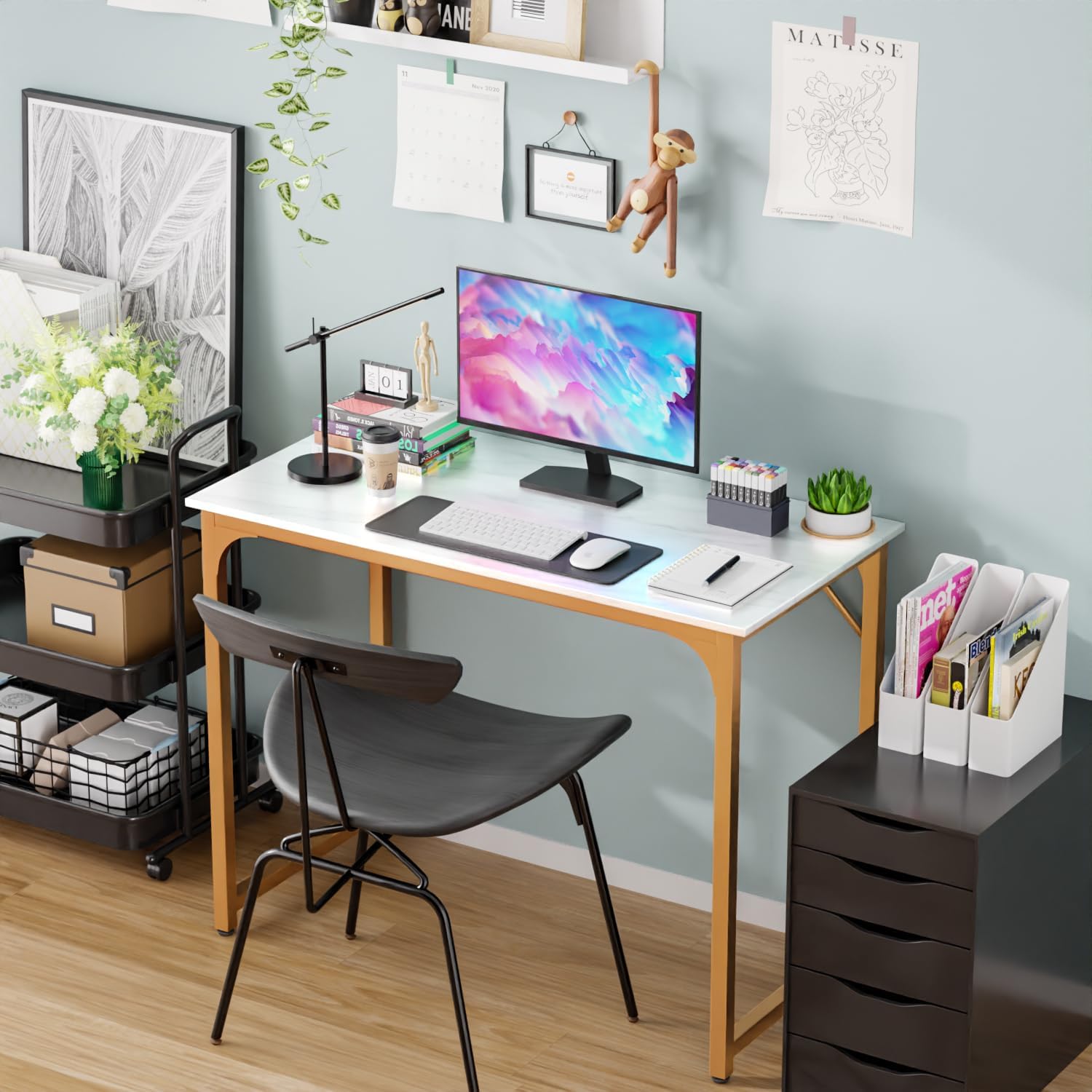 39" White Gold Computer Desk with Metal Frame