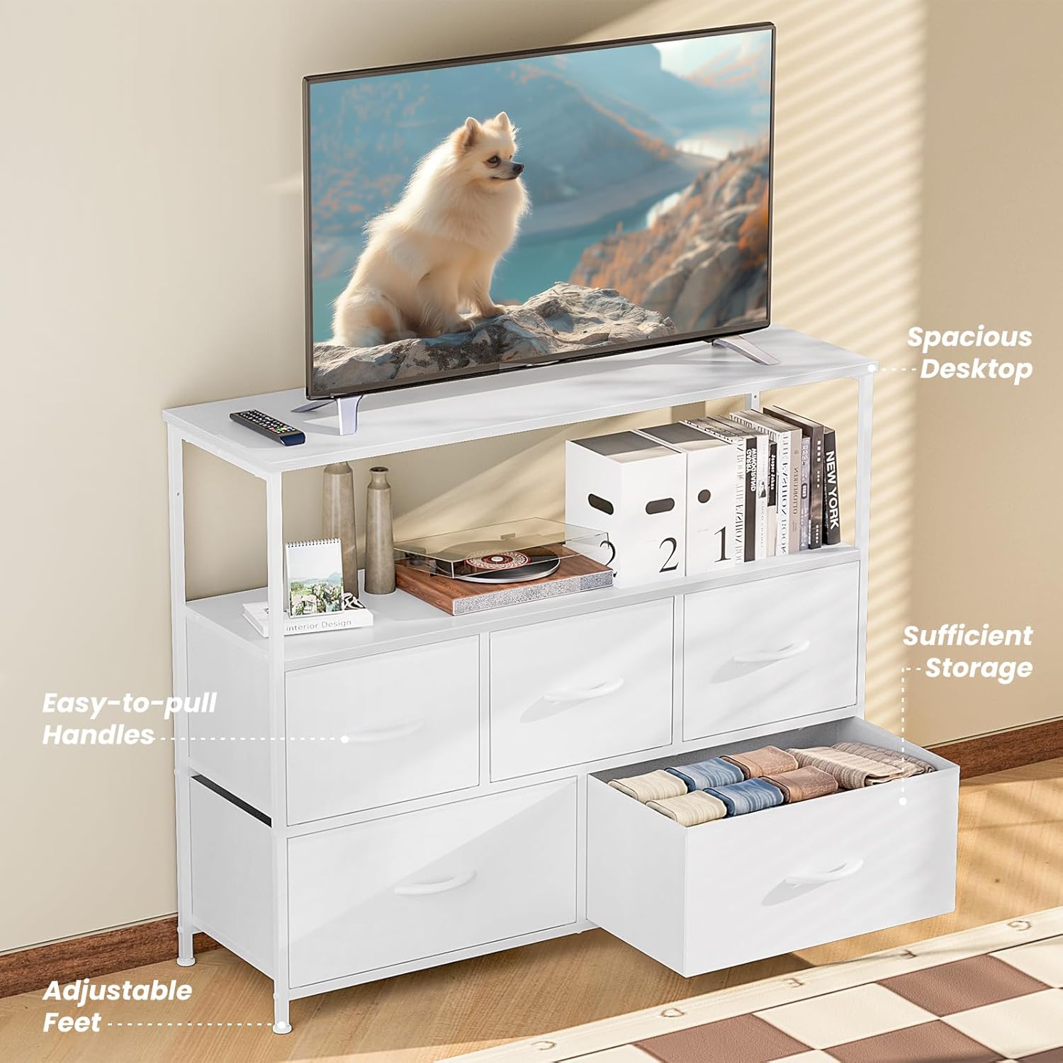 TV Stand with 5 Fabric Storage Drawers
