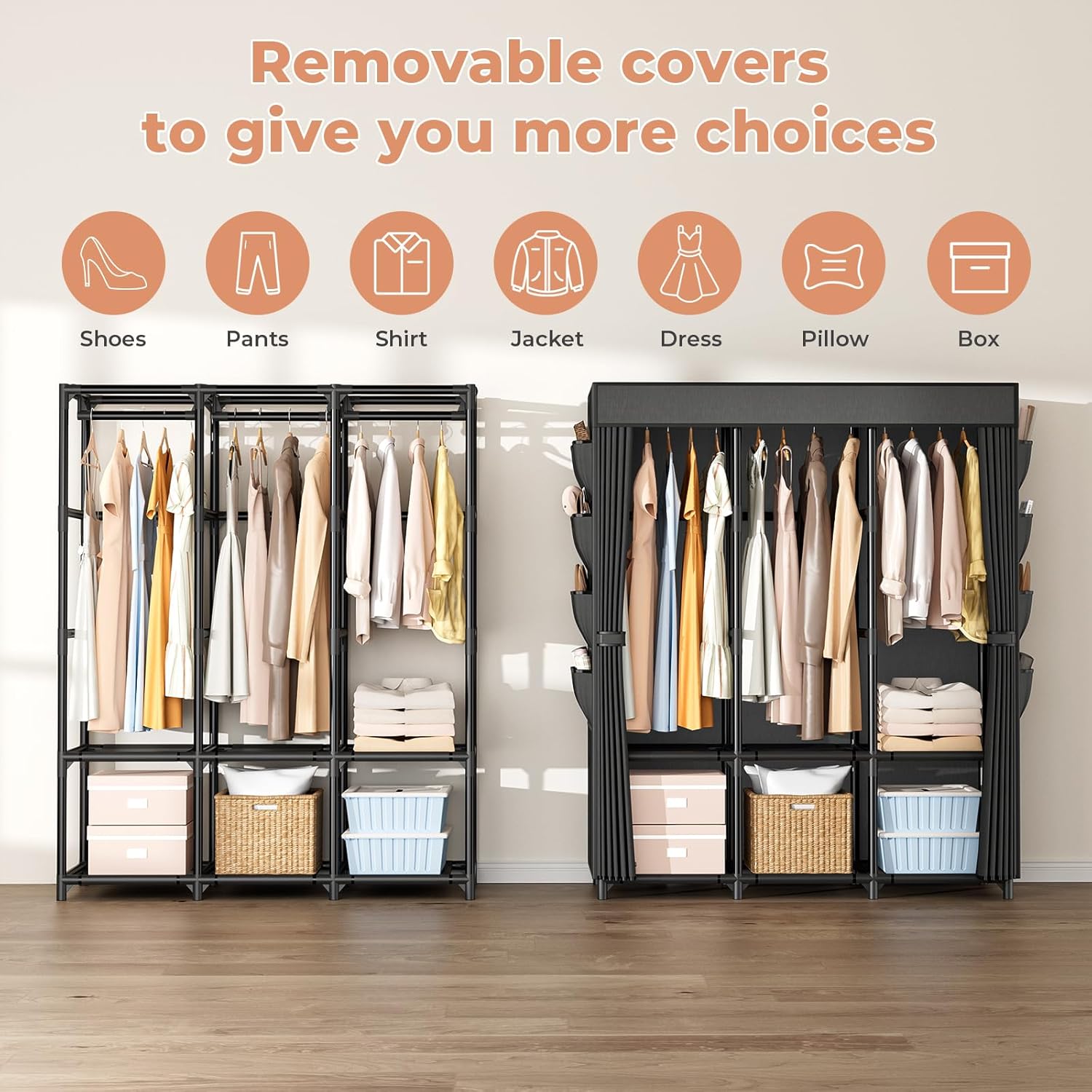 Portable Wardrobe Closet with 3 Rods and 6 Shelves